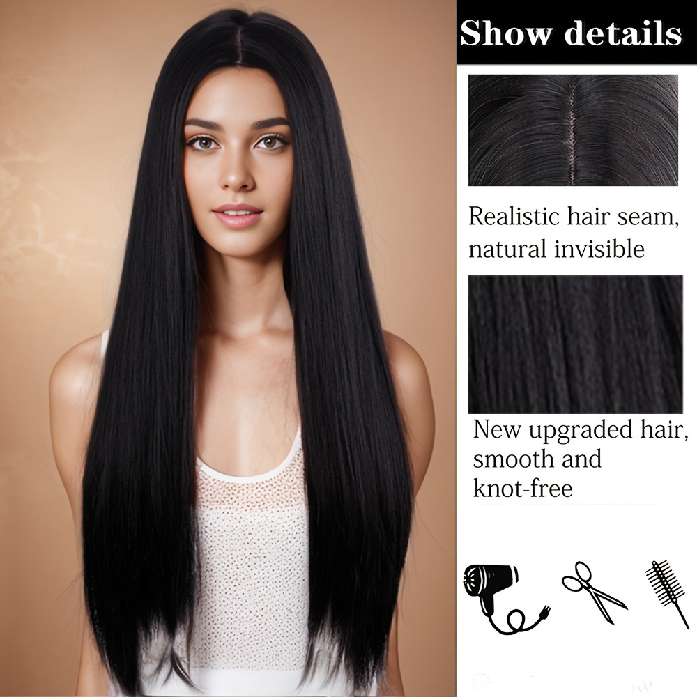 Long Black Wig Middle Part Straight Black Wigs Women Natural - Temu