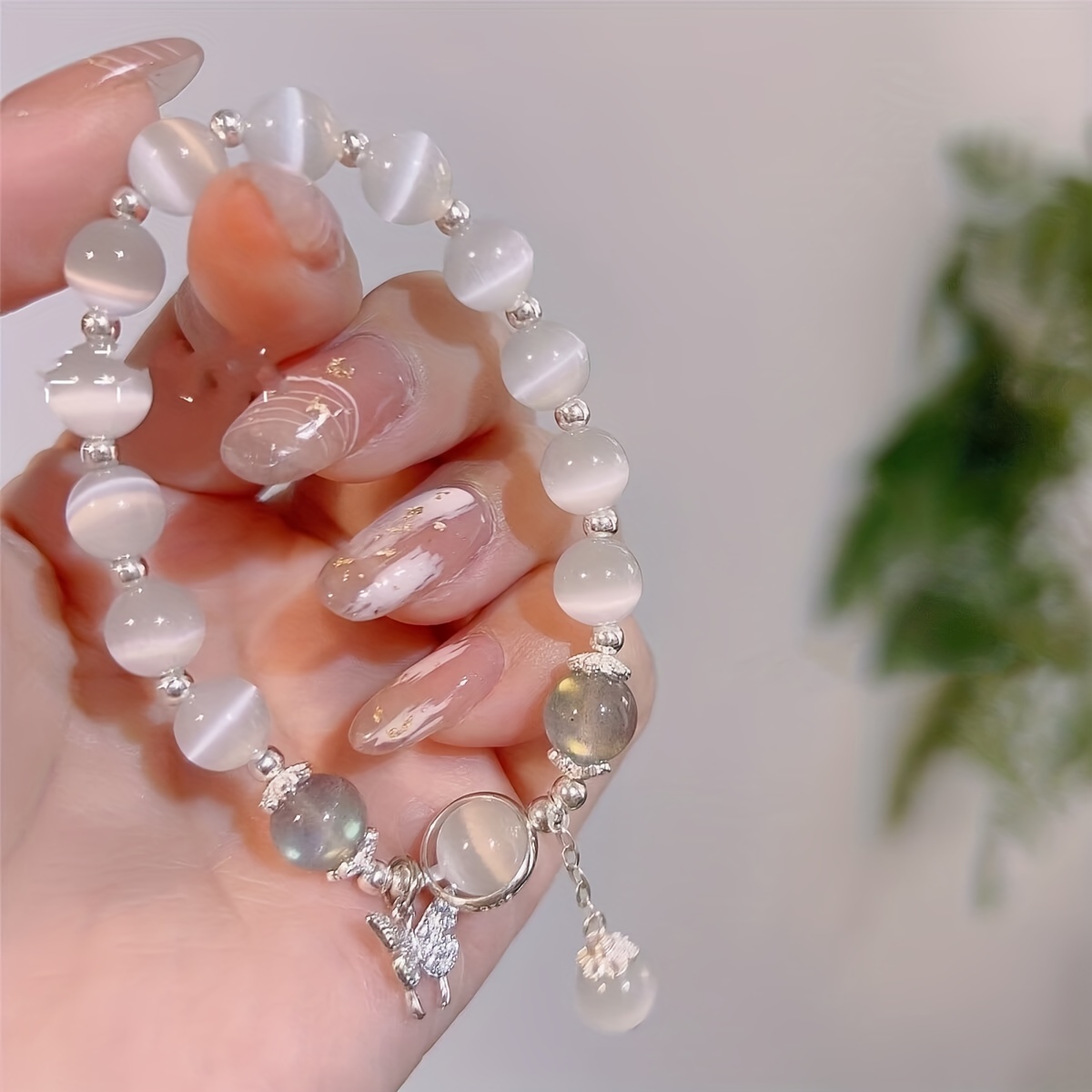silver crystal beaded bracelet pearl fairy dainty butterfly cute