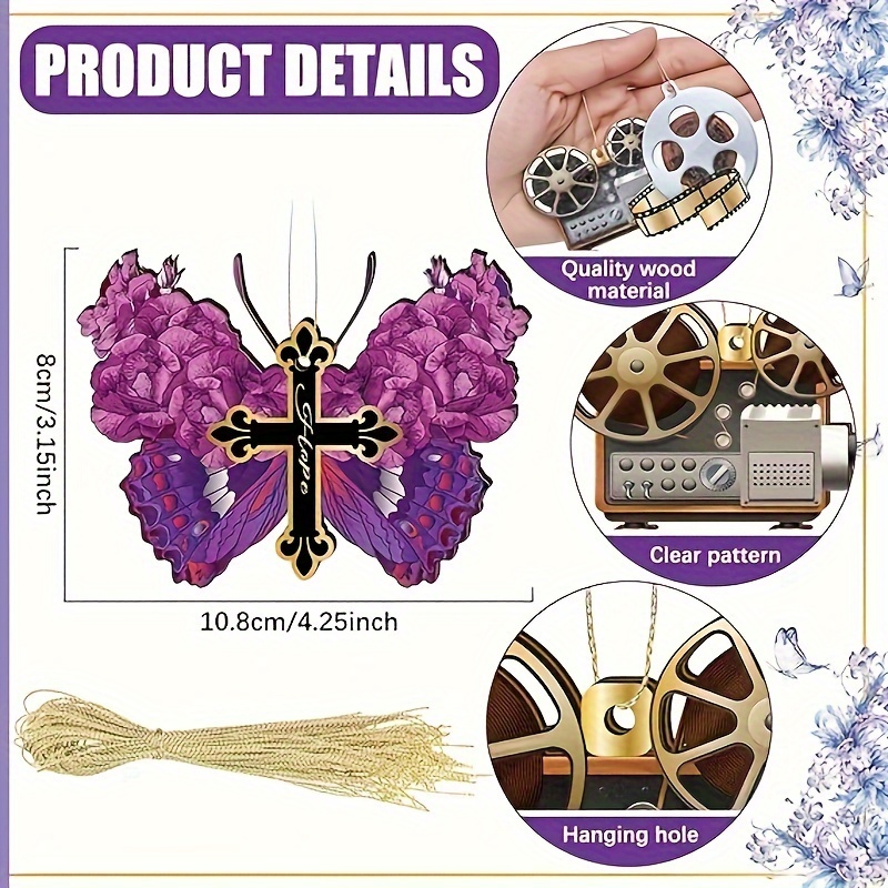 Faith Purple Pansy Butterfly Jesus Cross Christian Car Ornament