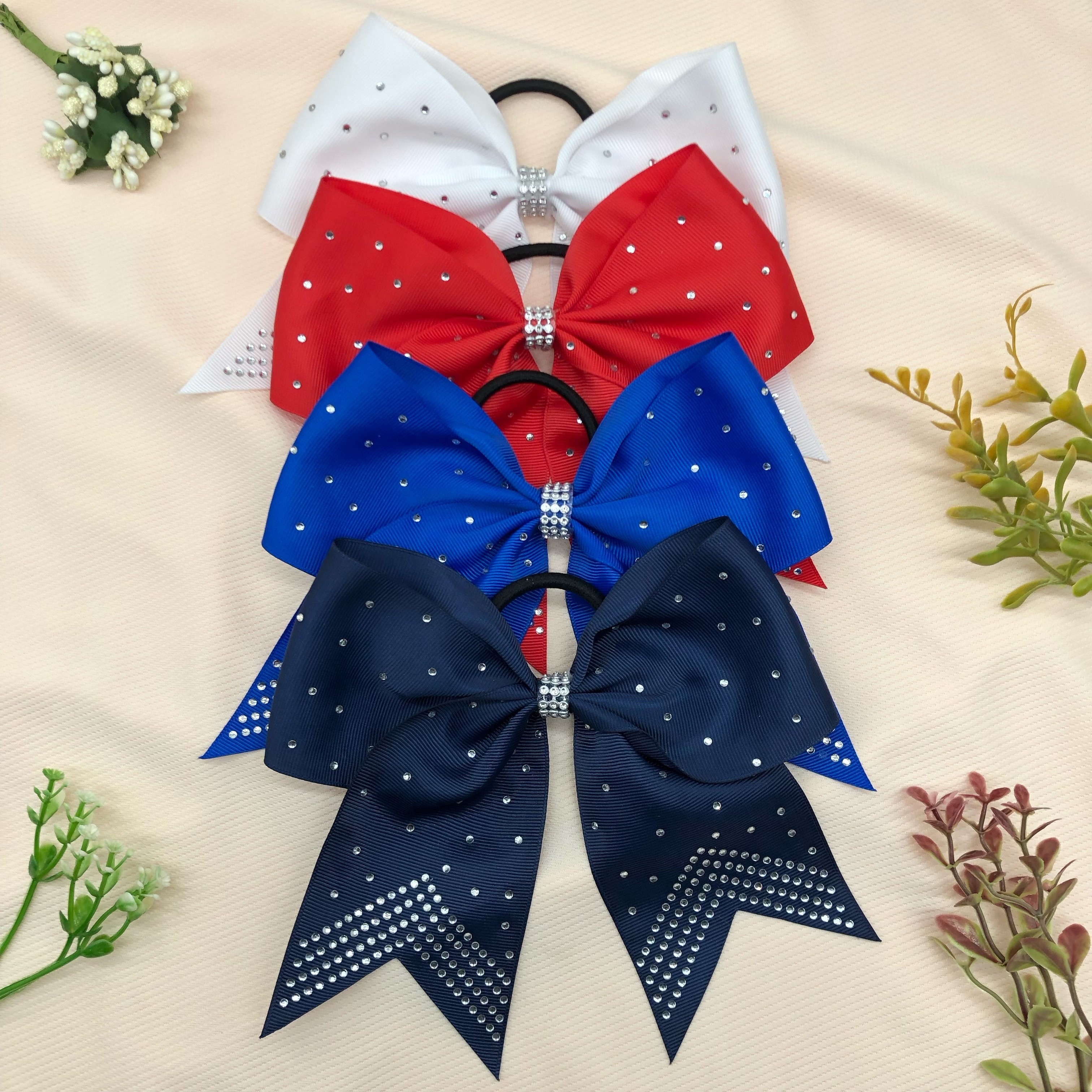 

Plain Color Rhinestones Decor Cheer Bow Hair Ties, Bow Perfect Ponytail Holder, Elastic Hair Bands For Cheerleader Gifts