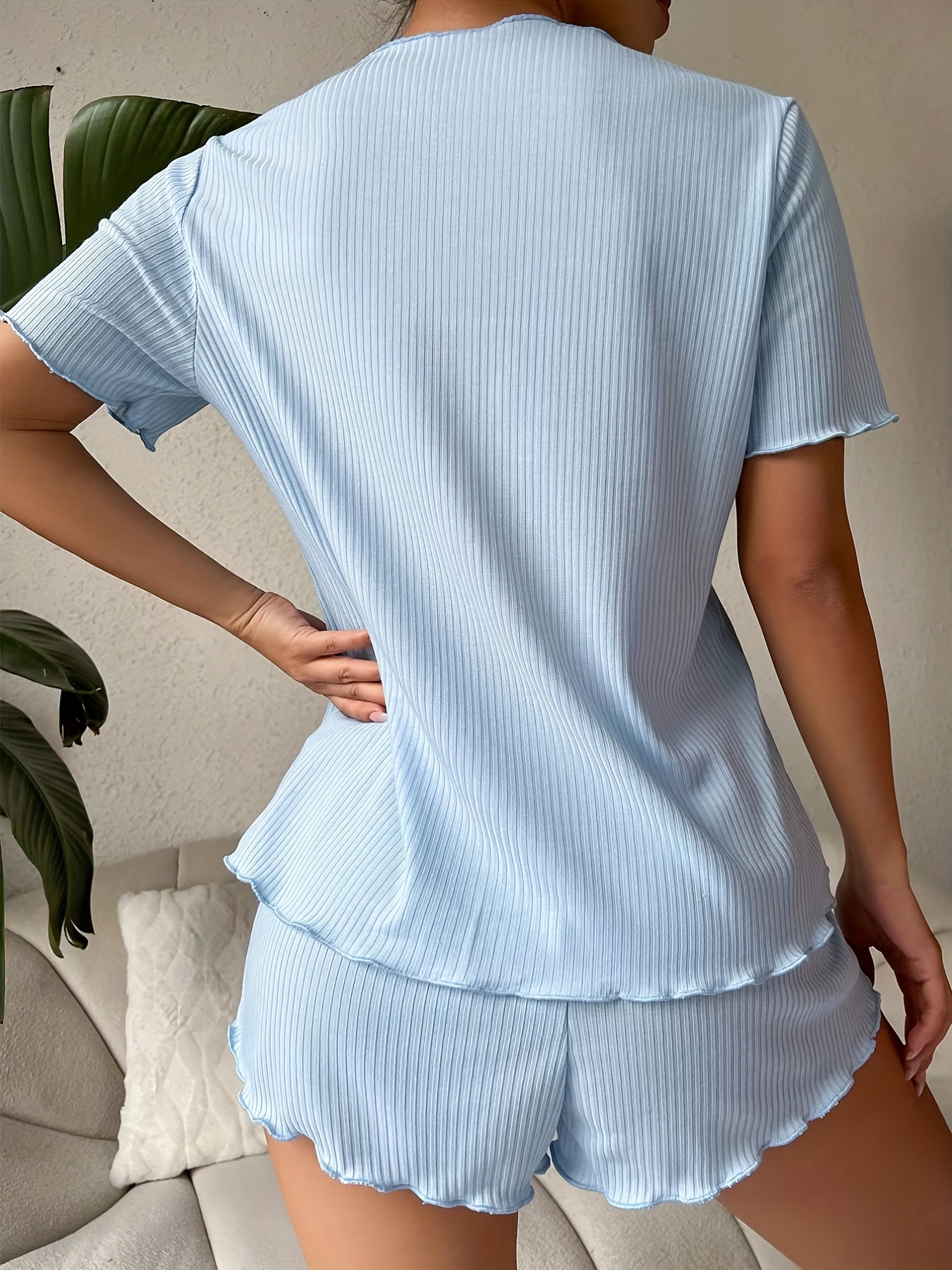 Bow Ribbed Lounge Set Top & Shorts Women's Loungewear