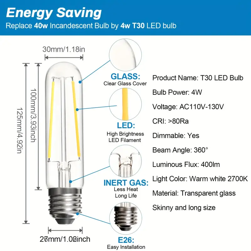 T10 Led Tubular Bulbs Dimmable Edison