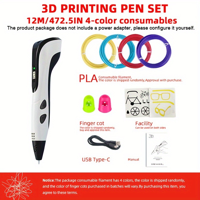 Stylo d'impression 3D, stylo 3D Doodler avec filament PLA 12 couleurs  (total 36m), PLA et ABS compatibles, jouet créatif, grand cadeau  d'artisanat d'art de dessin pour enfants et adultes, (bleu)