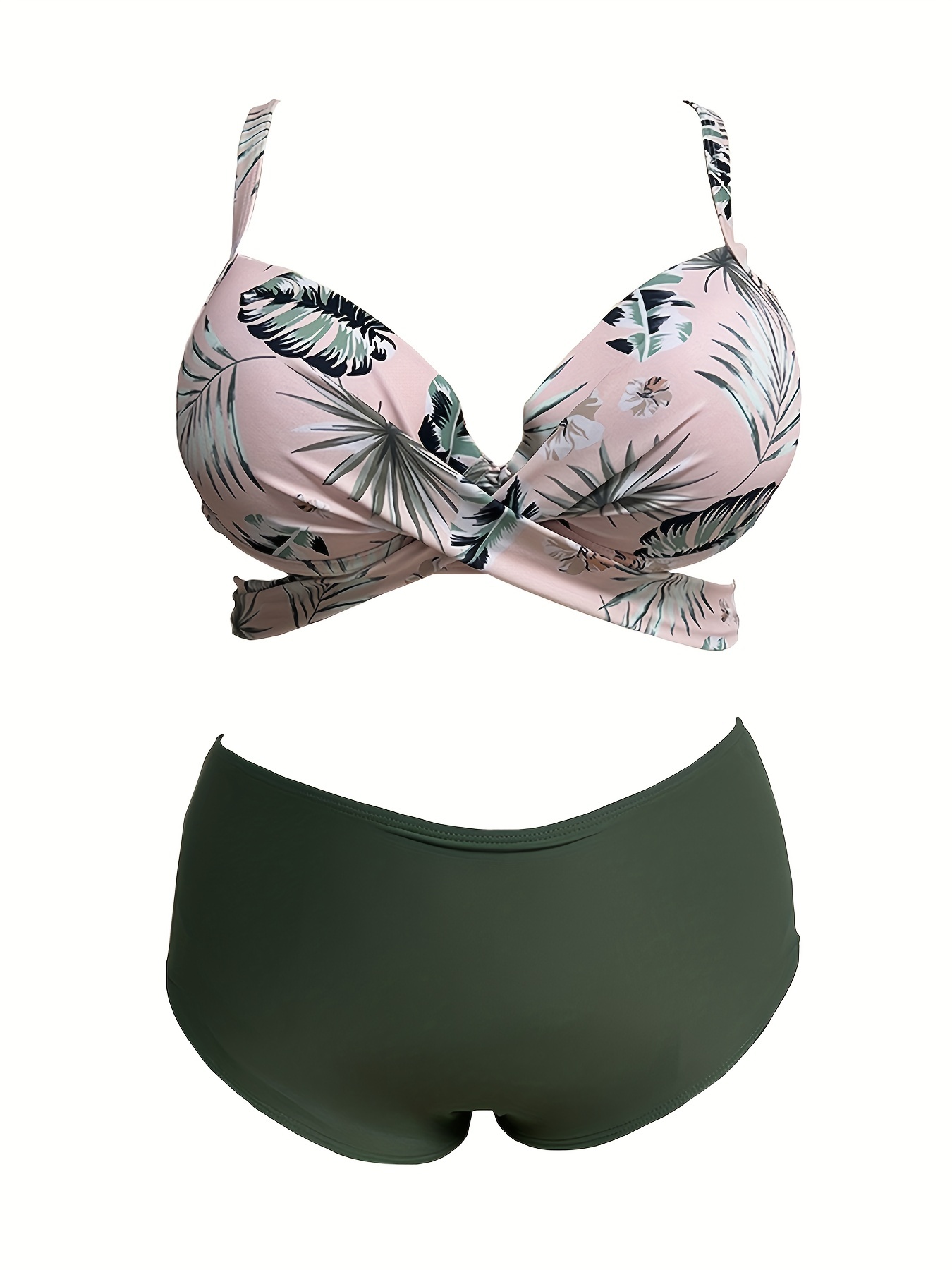 Plus Size Elegant Bikini Set, Women's Plus Solid Molded Cup Halter Bra &  Ruched Tropical Print Panty Swimsuit - Temu