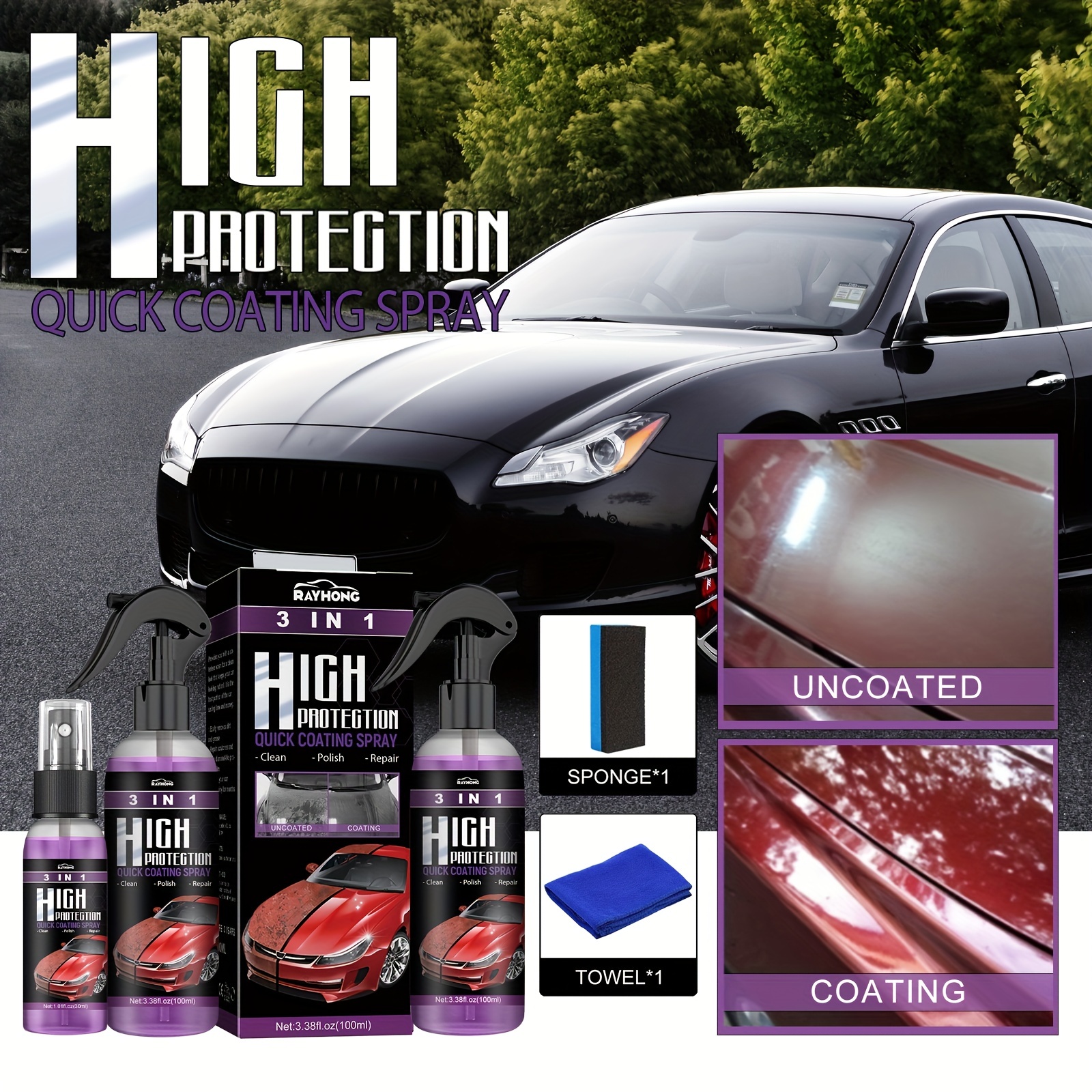 3 in 1 Ceramic Car Coating Spray, 3 in 1 High Protection Quick Car Coating Spray, Multi-functional Coating Renewal Agent, Nano Repair Spray (100ml