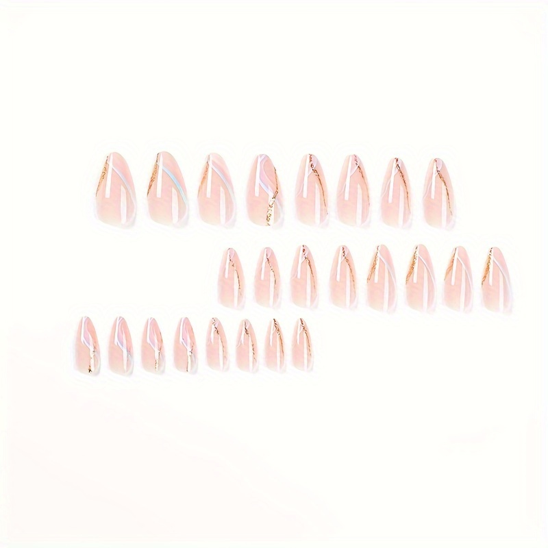 24pcs glossy medium almond fake nails pinkish press on nails with colorful wave design sweet cool false nails for women girls details 3