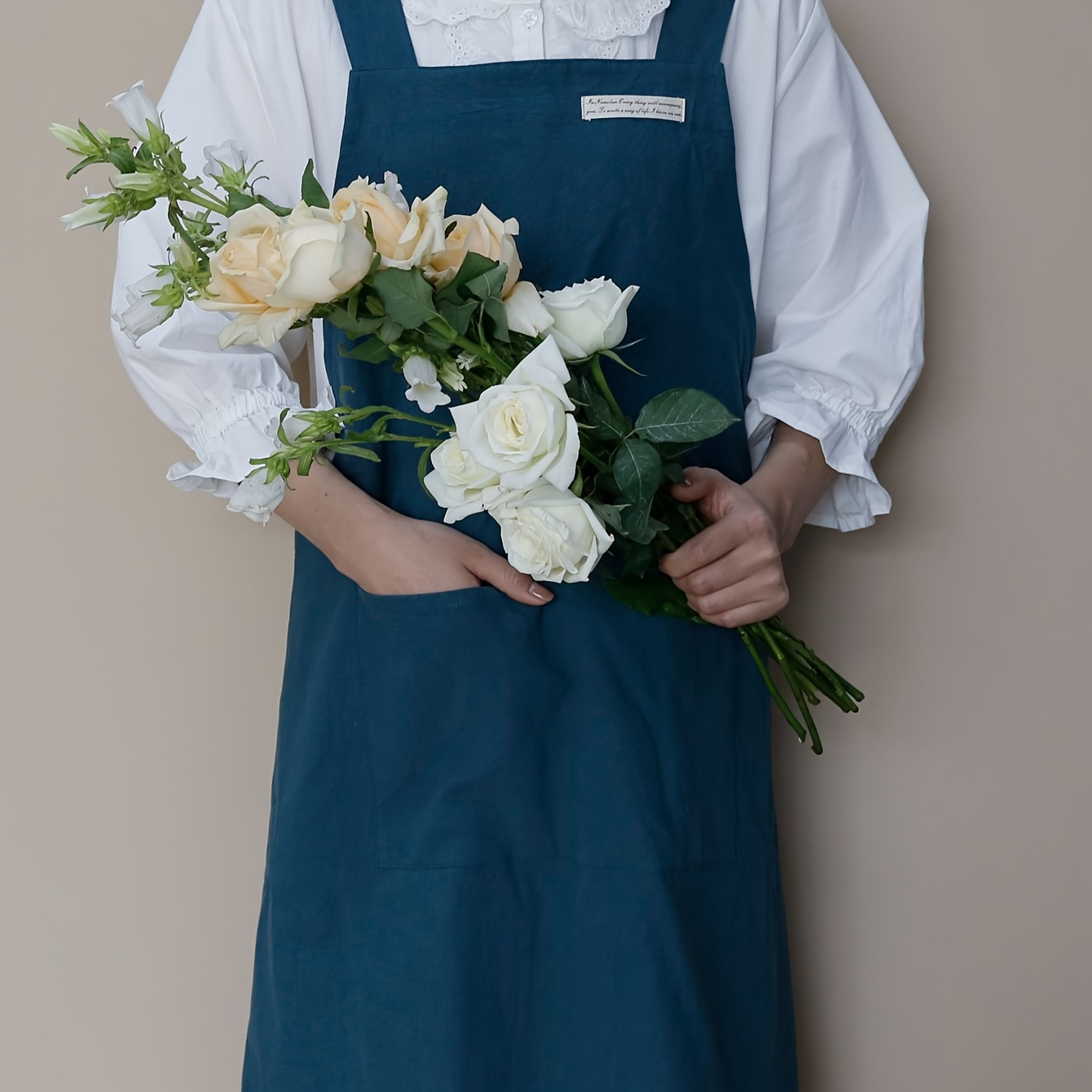 Delantal Cocina Mujer con Bolsillos, Ajustable Algodón Lino Azul y