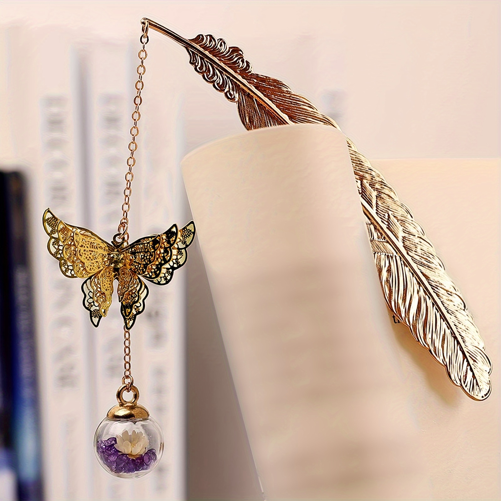 Metal Feather Bookmark With 3d Butterfly Pendant - Temu