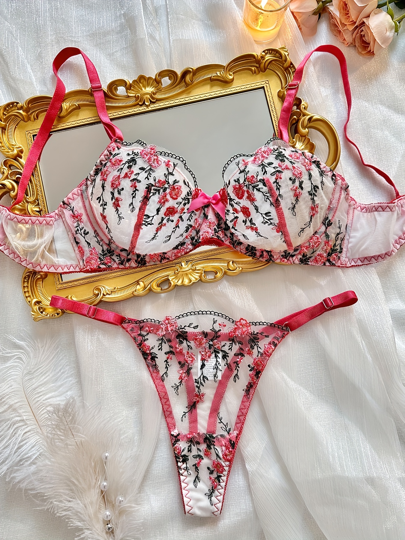 Victoria's Secret unlined 34B BRA SET s panty RED embroidered lace