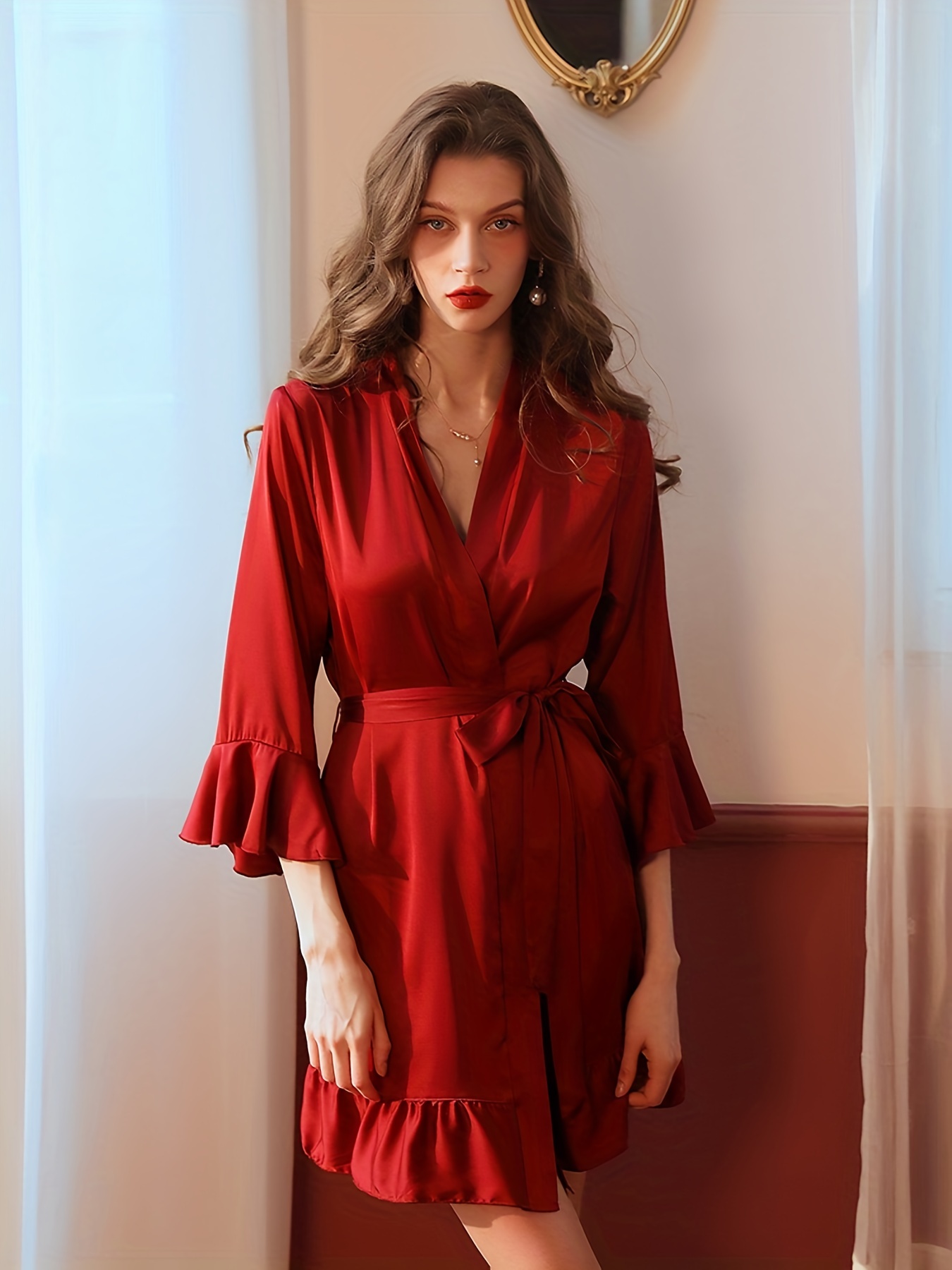 Solid Satin Night Robe Long Sleeve V Neck Robe Belt Women's - Temu