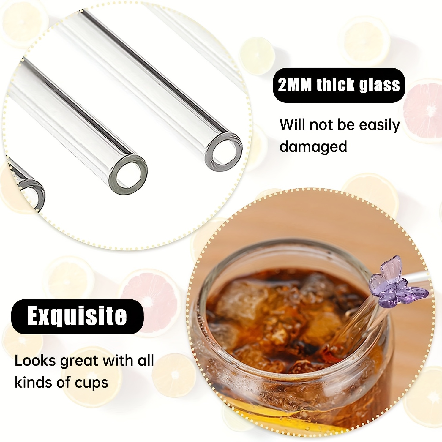 2pcs Clear Glass Straws Coffee Drink Straws With Cleaning Brush