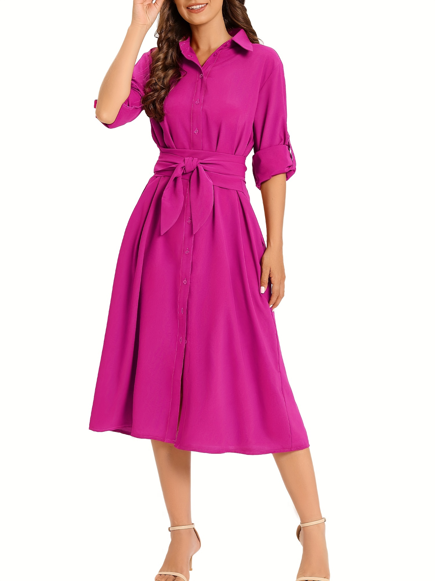 Button Belted Shirt Dress Pocket Elegant Long Sleeve Dress - Temu