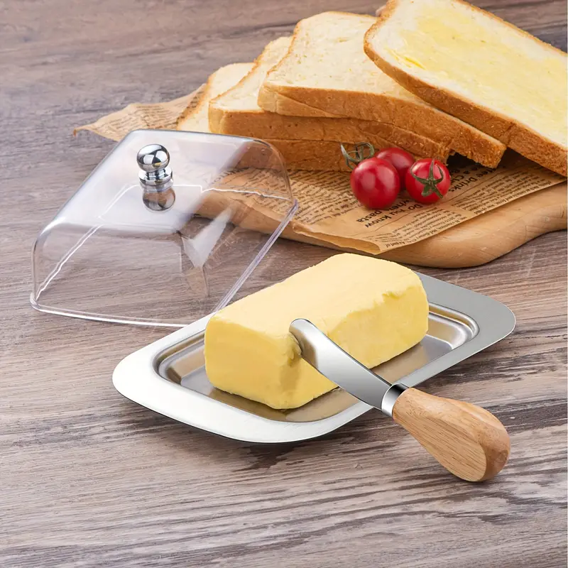 1pc, Butter Cutter Box, Butter Box, Stainless Steel Metal Saucer With  Plastic Transparent Cover, Creative Butter Dish, Butter Keeper With Cutter,  Kitc