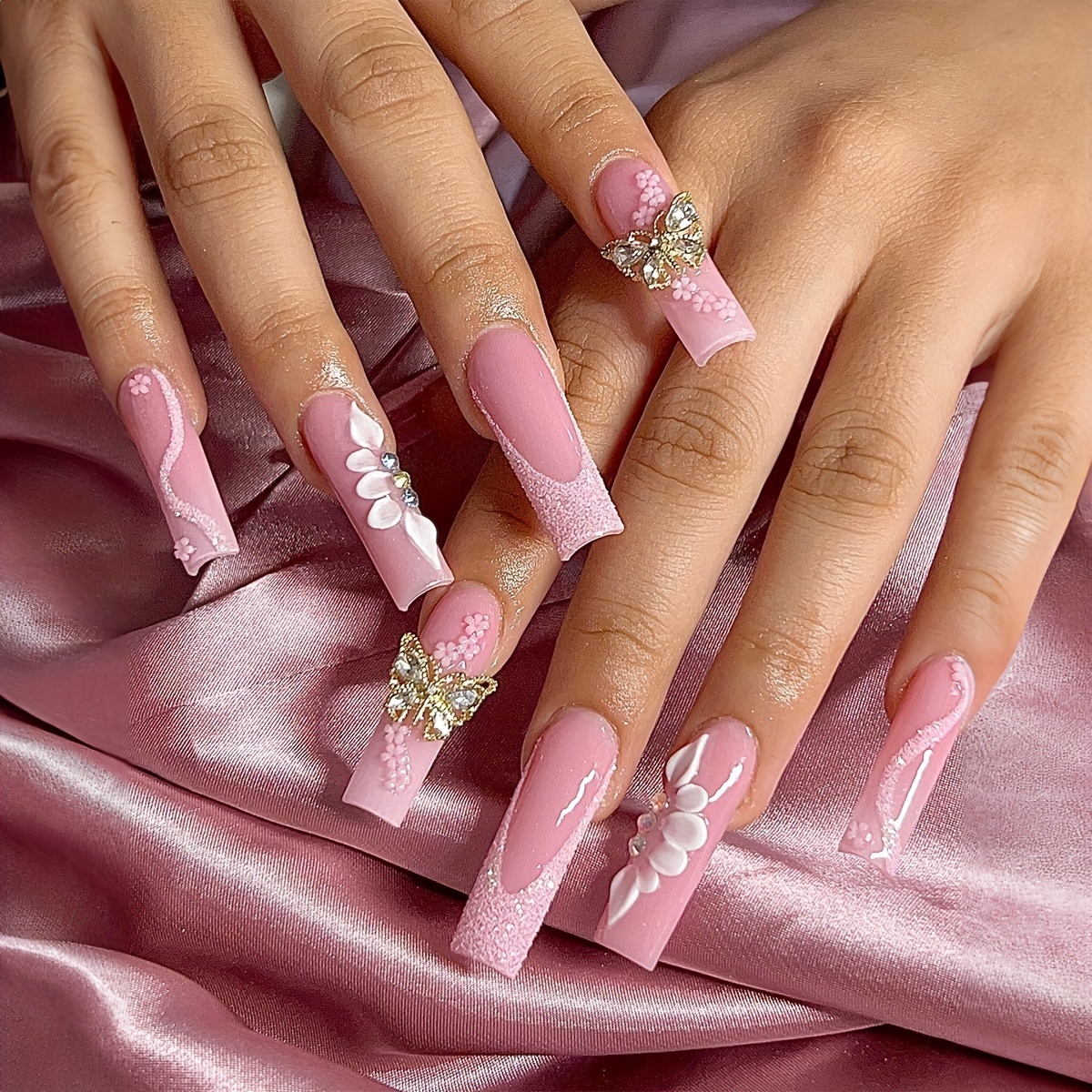 Press On Nails Long Coffin Fake Nails With 3d Butterfly - Temu