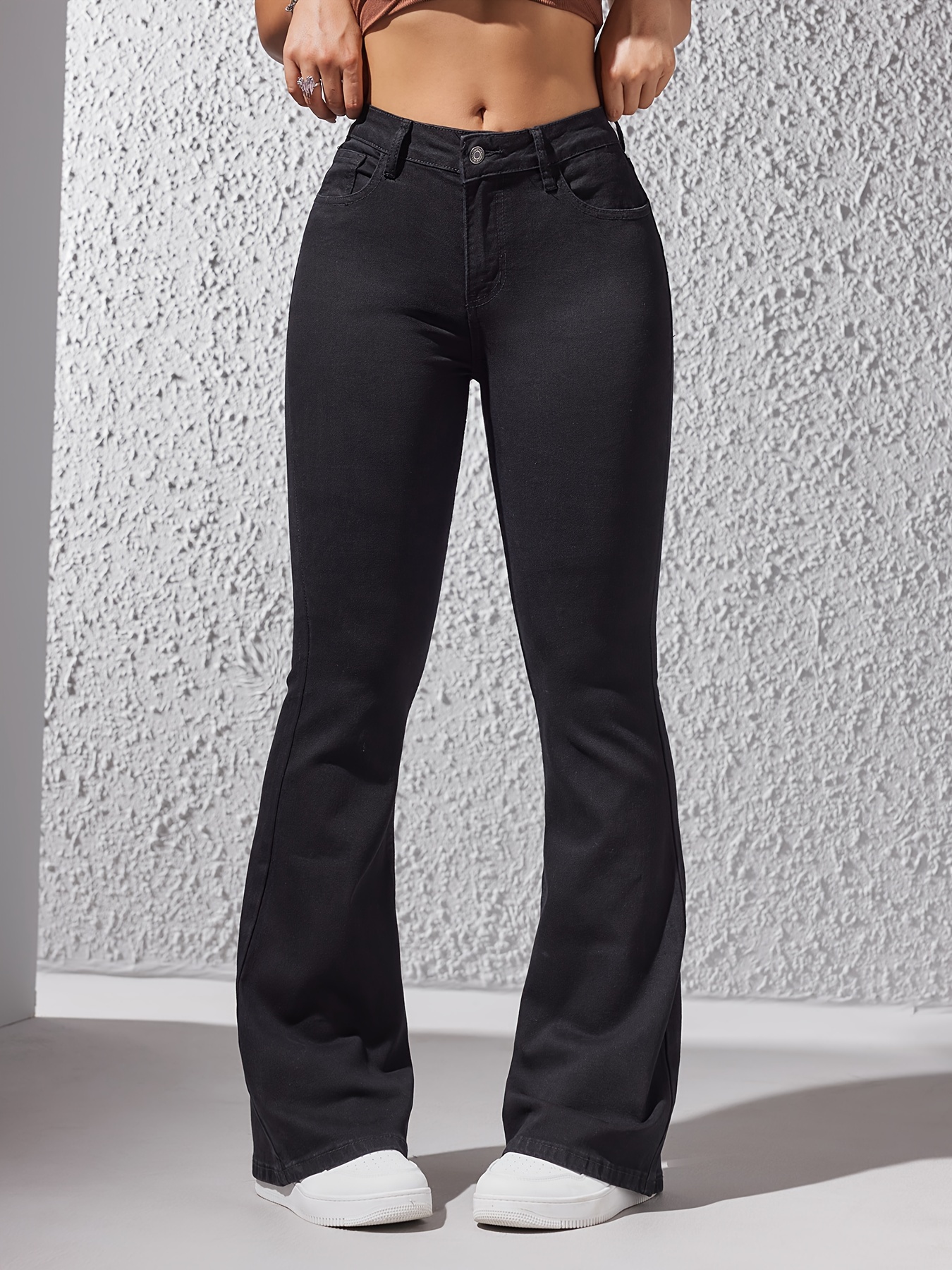 Black High Stretch Flare Jeans, High Rise Slim Fit Casual Bell Bottom  Jeans, Women's Denim Jeans & Clothing