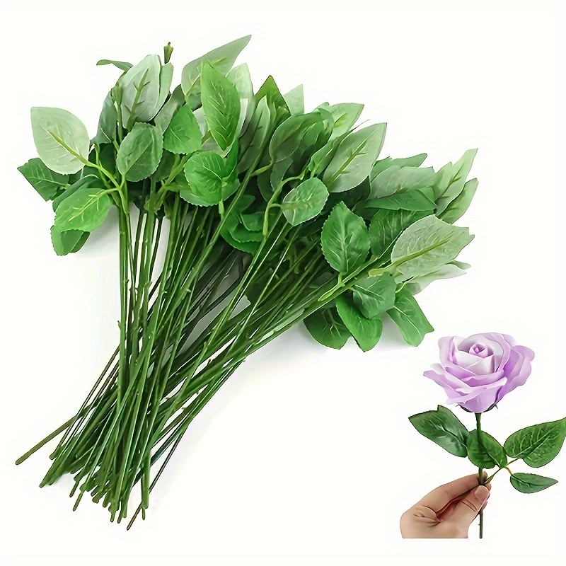 Florist Flower Plastic Wire Rose Stems with LEAVES 2mm Dark Green x 10 pcs