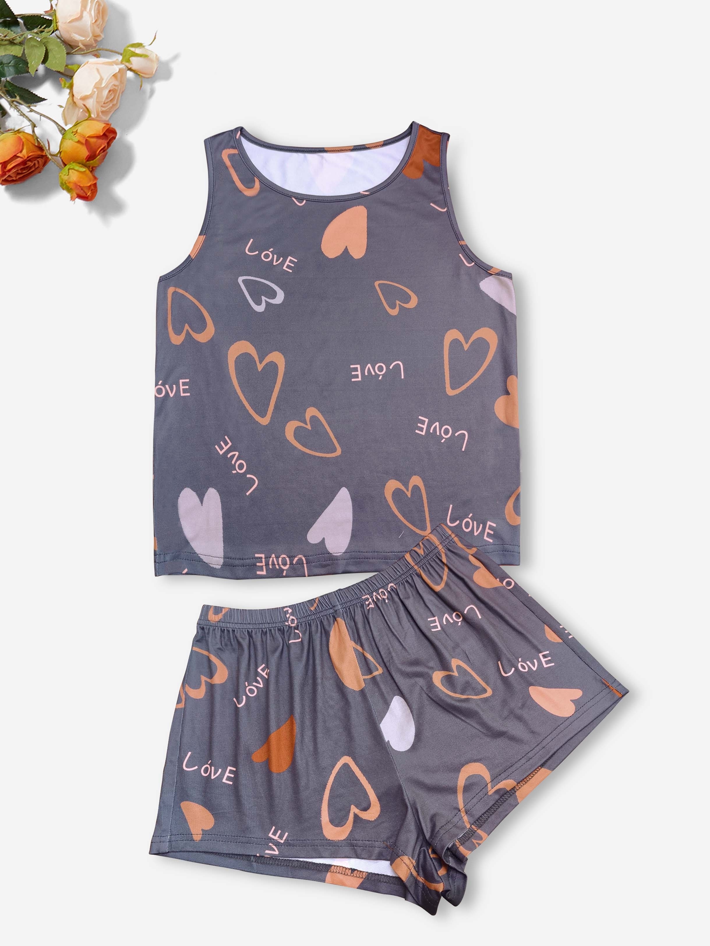 Heart Print Pajama Set Crew Neck Cami Top Elastic Waistband - Temu