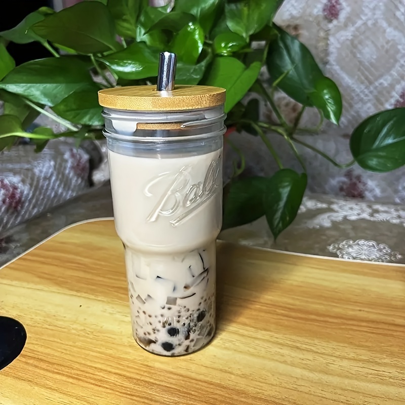 Ribbed Glass Coffee Cup With Straw Perfect For Iced Coffee - Temu
