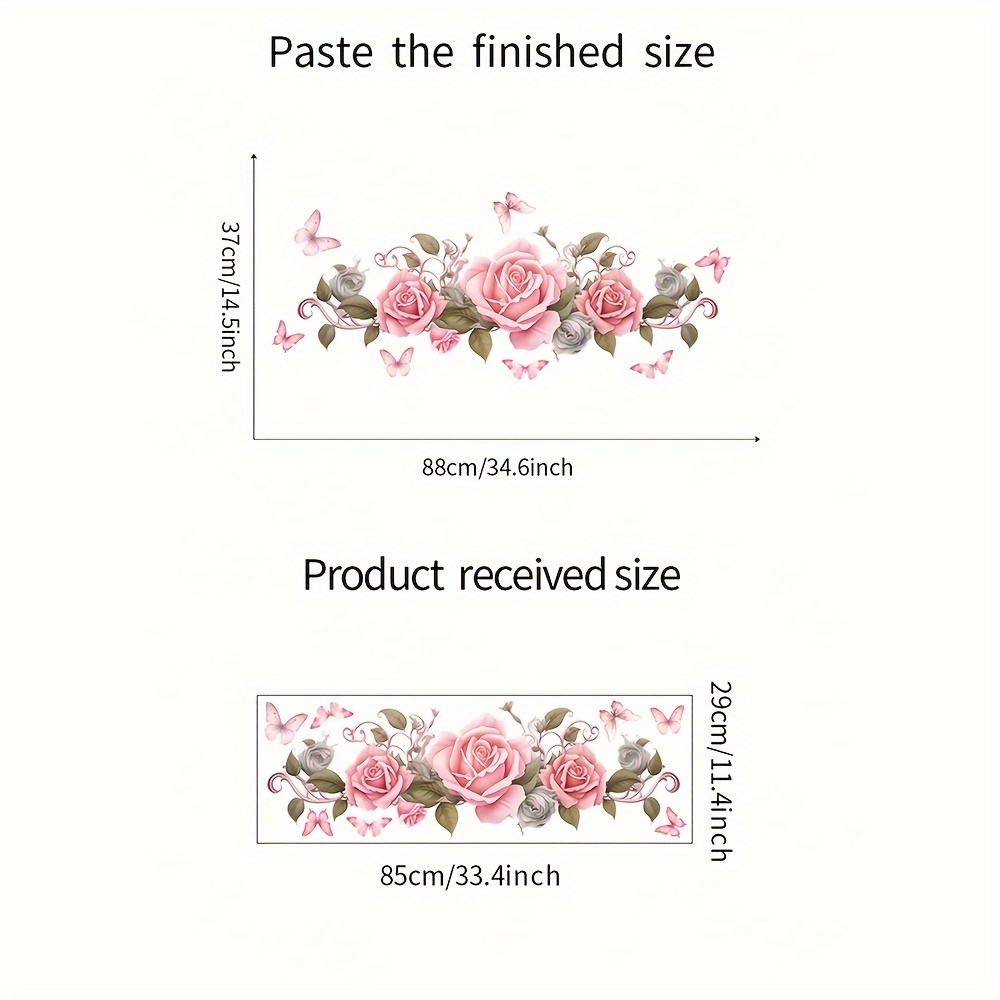 Image of 1pc, Fresh And Simple Floral Wall Decal, Pink Rose, Removable Waterproof Vinyl Sticker, Suitable For Florist, Office, School, Classroom Background Wall Decoration, Home Decor, 11.4*33.4in