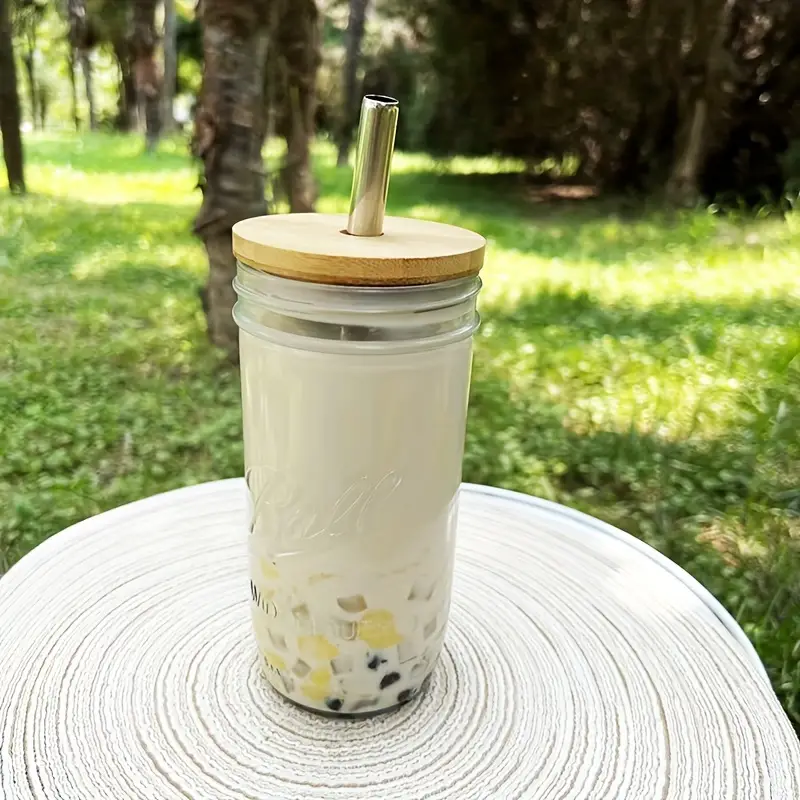 Thickened Clear Glass Cup With Wooden Lid And Stainless Steel Straw, Coffee  Cup For Outdoor Sports, Picnic, Camping - Temu