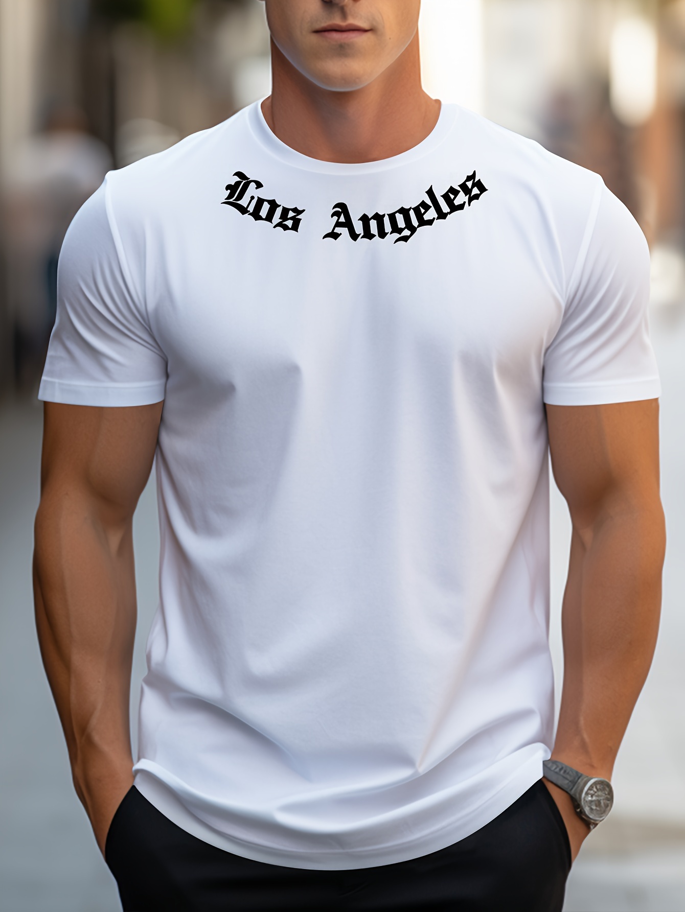 Los Angeles Graphic Print Men's Creative Top, Casual Short Sleeve Crew Neck T-shirt, Men's Clothing For Summer Outdoor