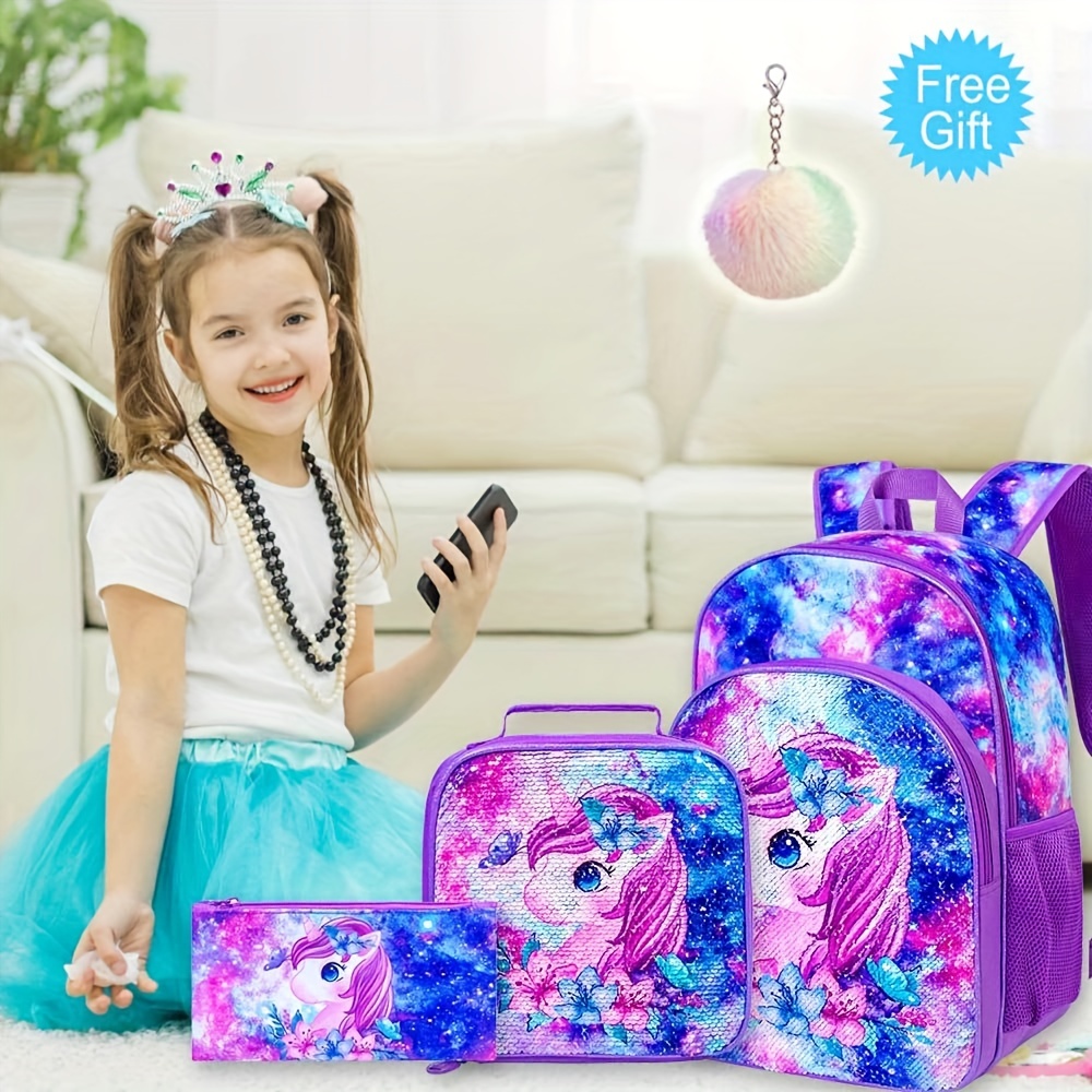 School Bag Set Cartoon Unicorn Sequin Backpack Lunch Bag - Temu