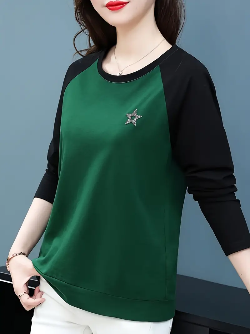 Round Neck Long Sleeve Stitch Color T-shirt, Casual Loose Comfy Stylish  Every Day T-shirt, Women's Clothing