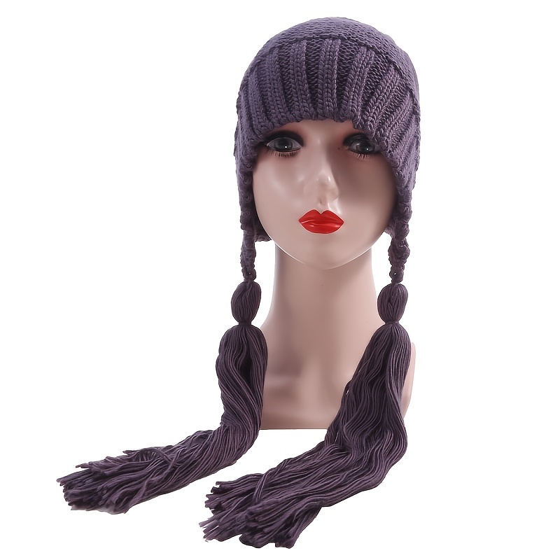 Long Twist Braid Beanie Hat Woolen Autumn Winter Fringe Knit Warm