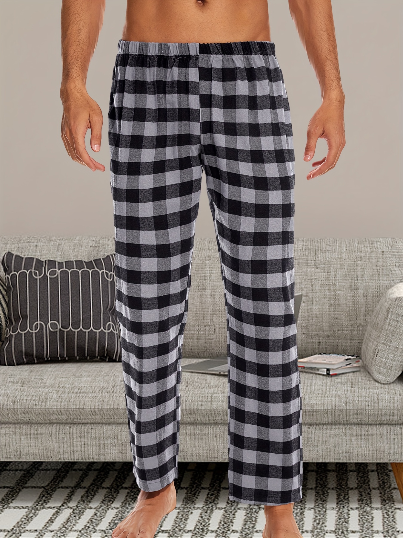 Men's Woven Plaid Lounge Pants With Elastic Waistband and