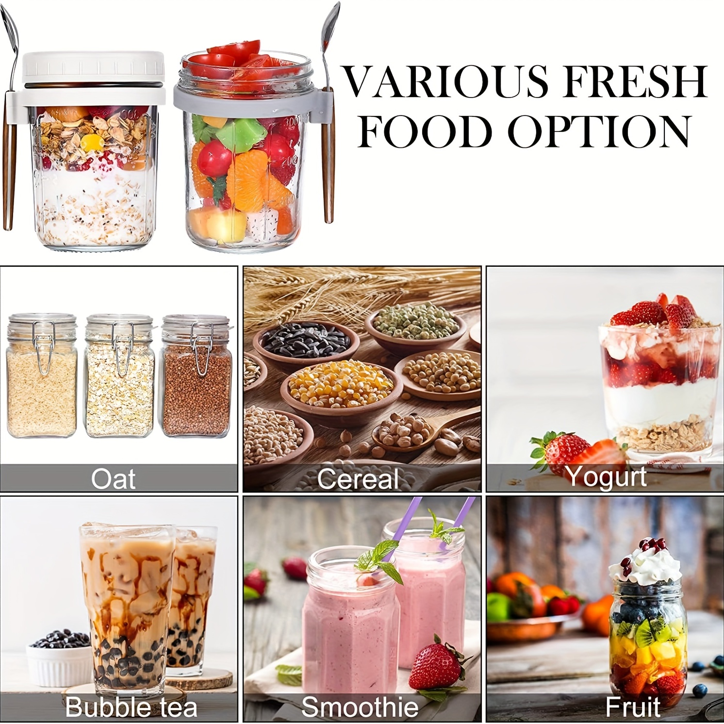 Multipurpose Glass Food Jars For Overnight Oats, Cereal, Milk, Vegetable  And Fruit Salad - Includes Lid And Spoon - Measurement Marks For Easy  Portion Control - Temu United Arab Emirates