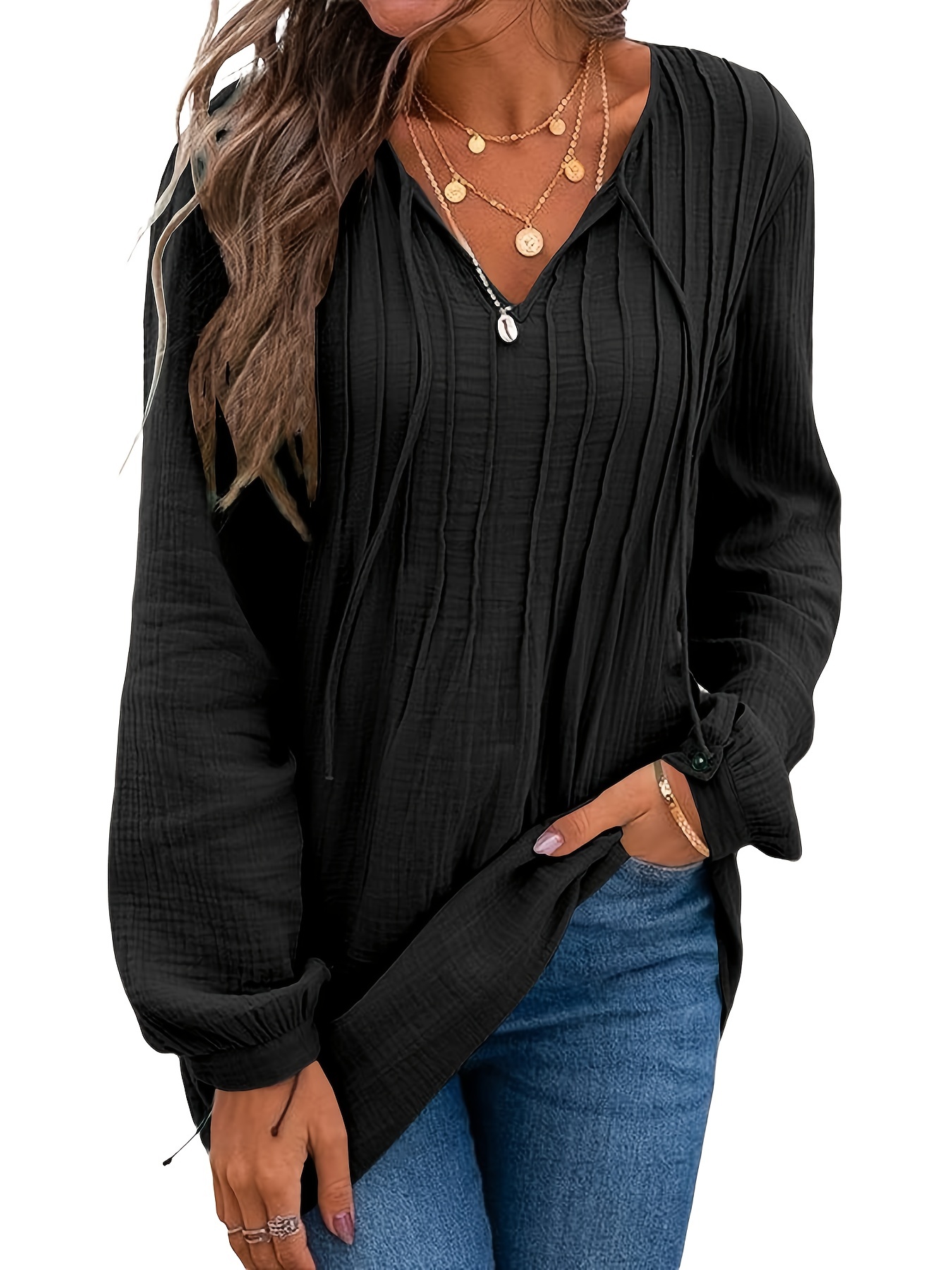 Women's Tops Fashion V neck Long Sleeve Solid Casual Pleated