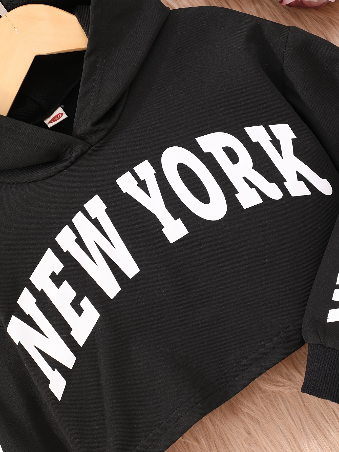 Temu 'New York' Letter Print Hoodie for Girls, Girl's Casual Graphic Design Pullover Hooded Sweatshirt with Kangaroo Pocket Streetwear for Winter Fall