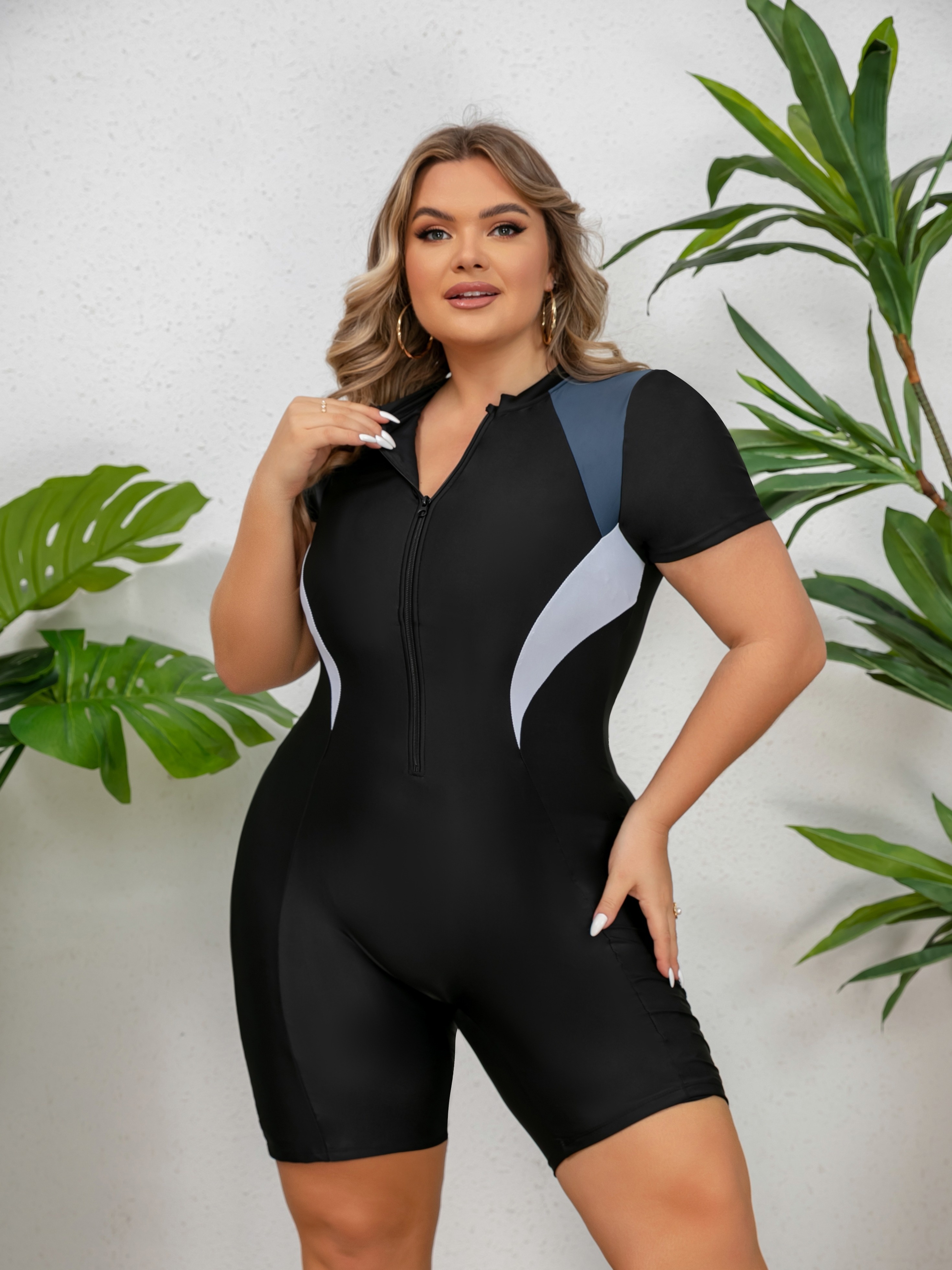 Women's Colorblock Short Sleeve Zip One Piece Sporty Swimsuit