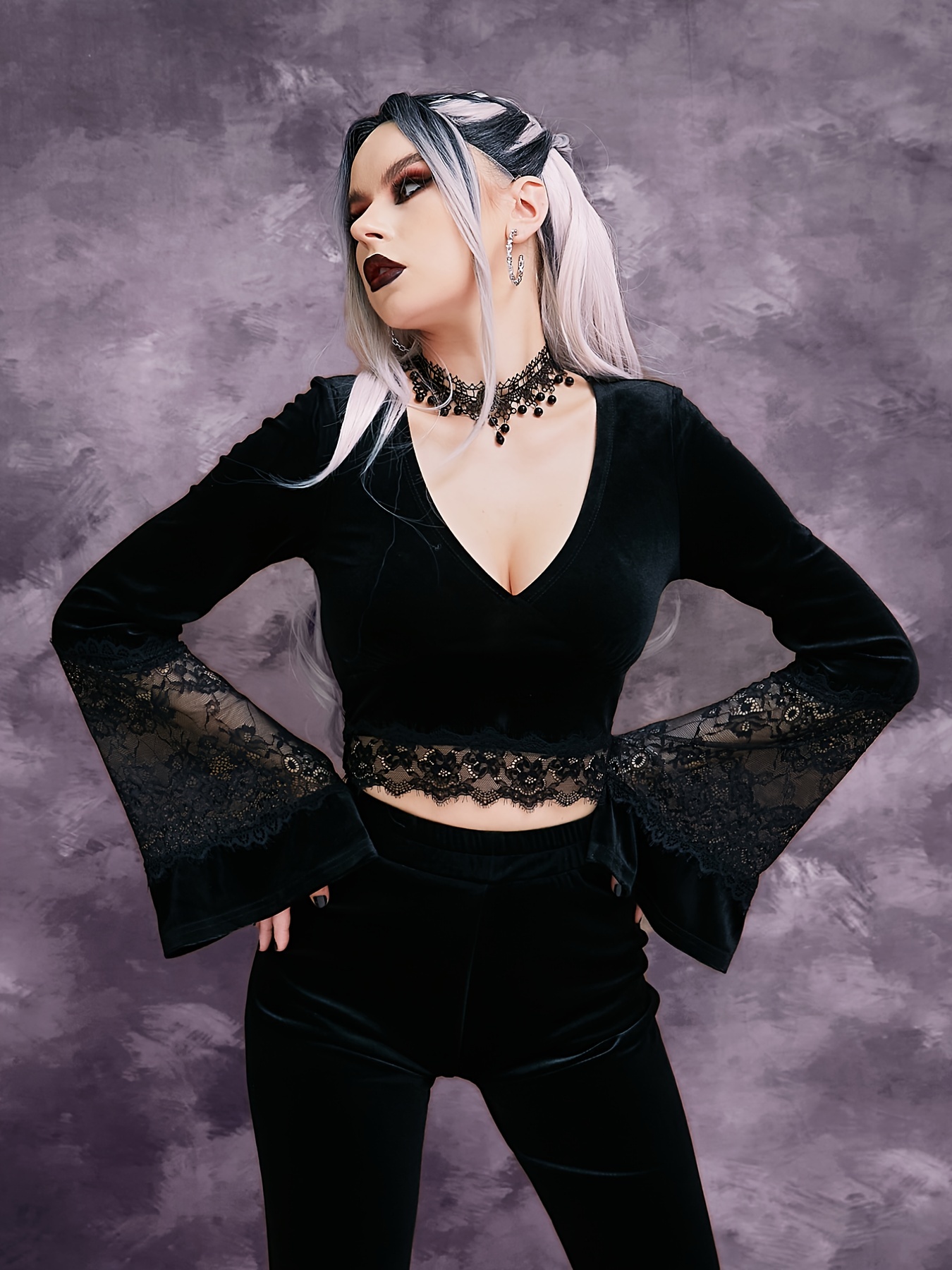 Dark Gothic Lace Panel Velvet Tops Flared Long Sleeve - Temu