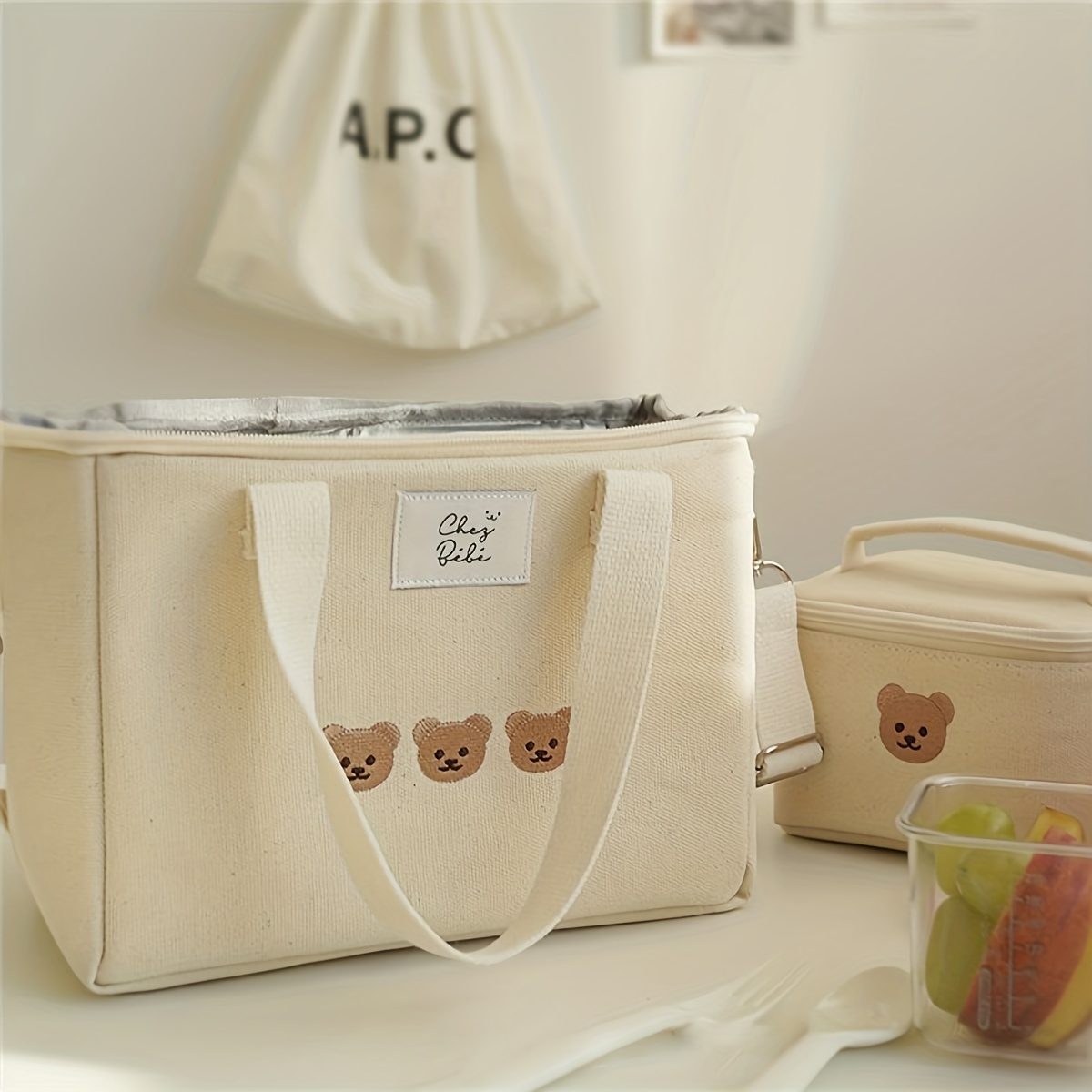 Canvas Zipper Lunch Bag 2023 New Rabbit Bear Embroidery Large