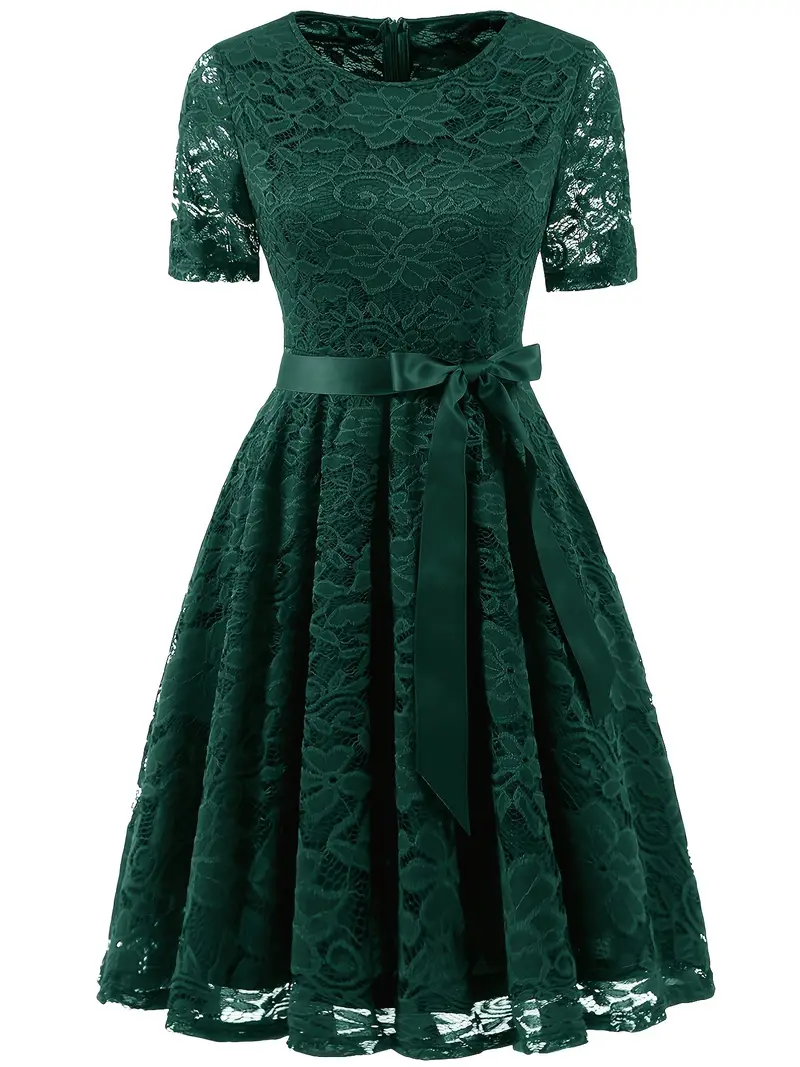solid color short sleeve lace dress elegant crew neck flare - Temu Georgia solid color short sleeve lace dress elegant crew neck flare - Temu Georgia