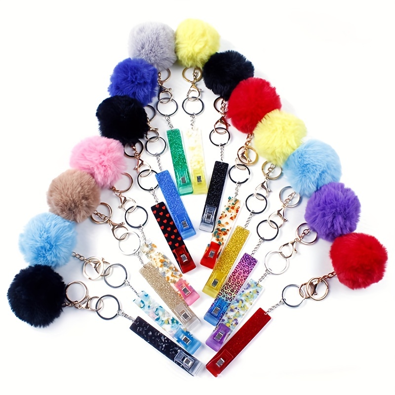 Sequins Card Grabber Keychain For Long Nails Cute Pom Pom - Temu