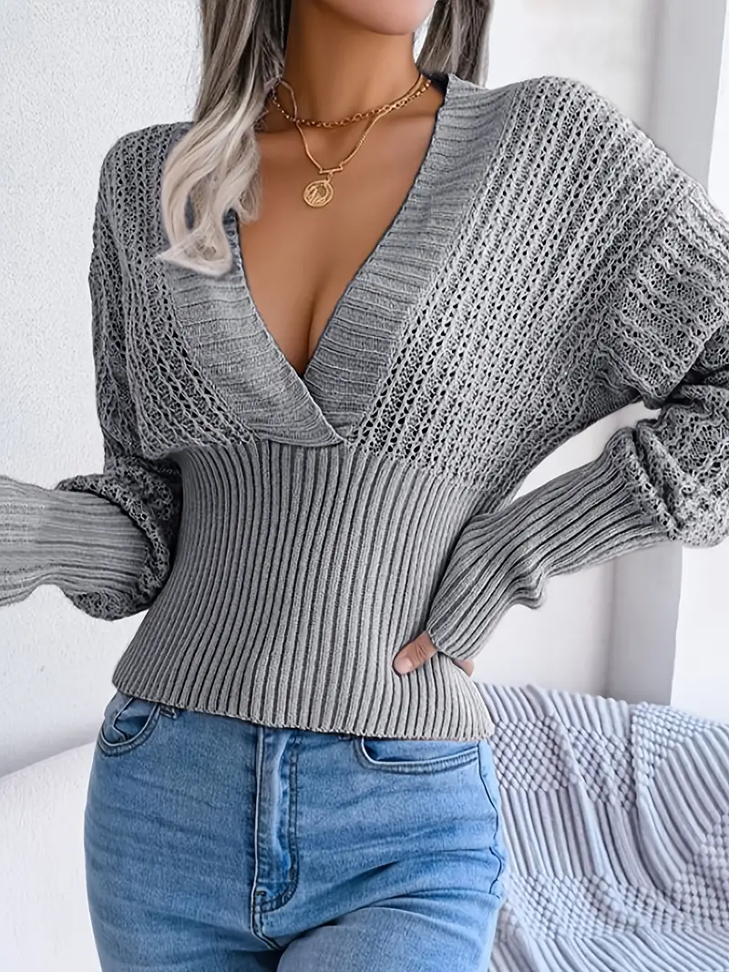 Solid Deep V Neck Pullover Sweater Casual Long Sleeve - Temu