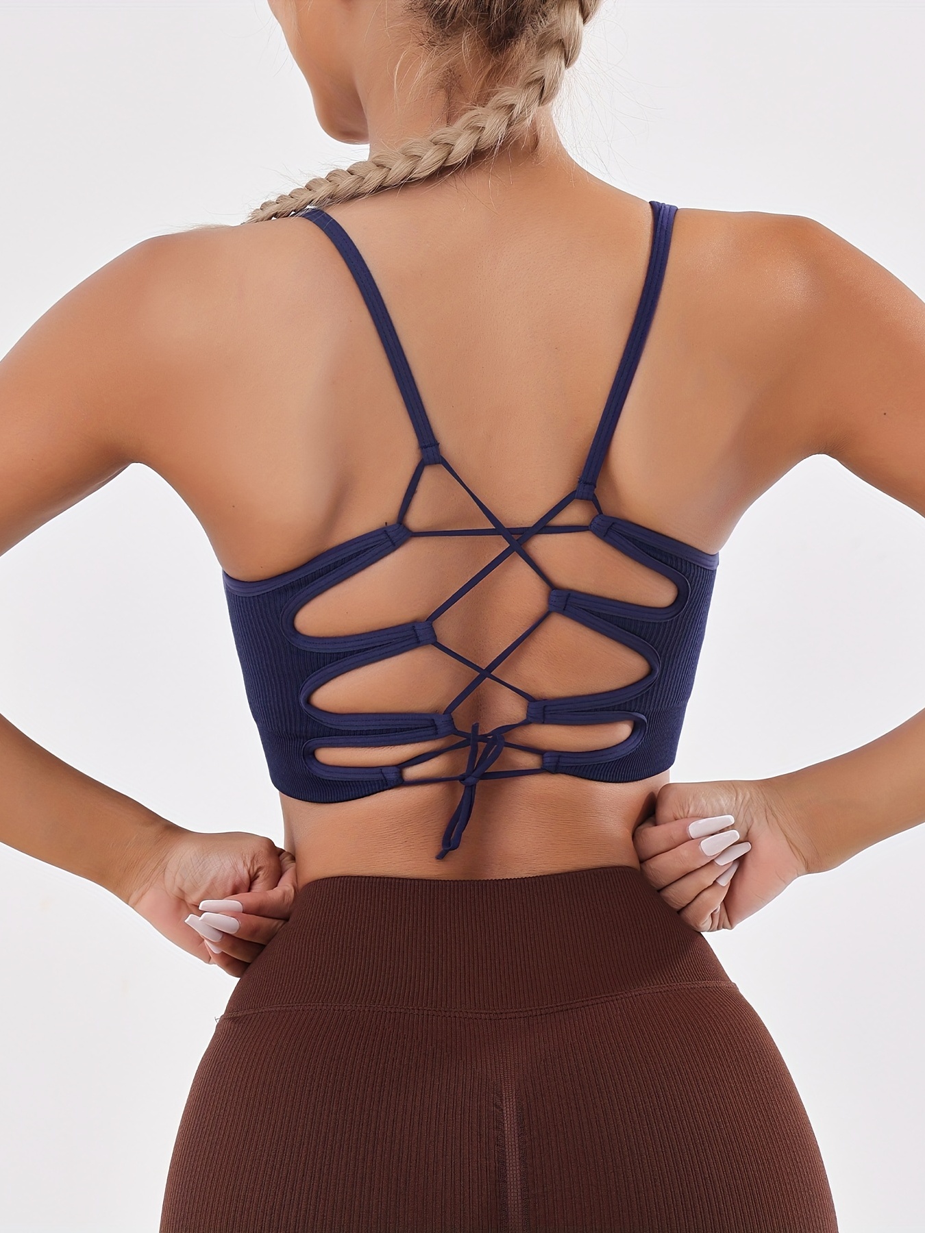 Criss Cross Back Sports Bra Women Backless Round Neck Yoga - Temu