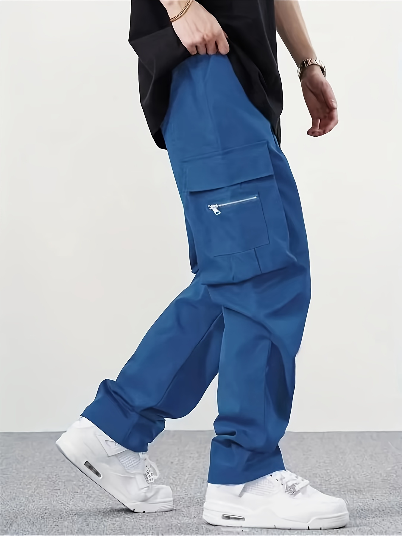 Trendy Solid Cargo Pants Men's Multi Flap Pocket Drawstring - Temu Canada