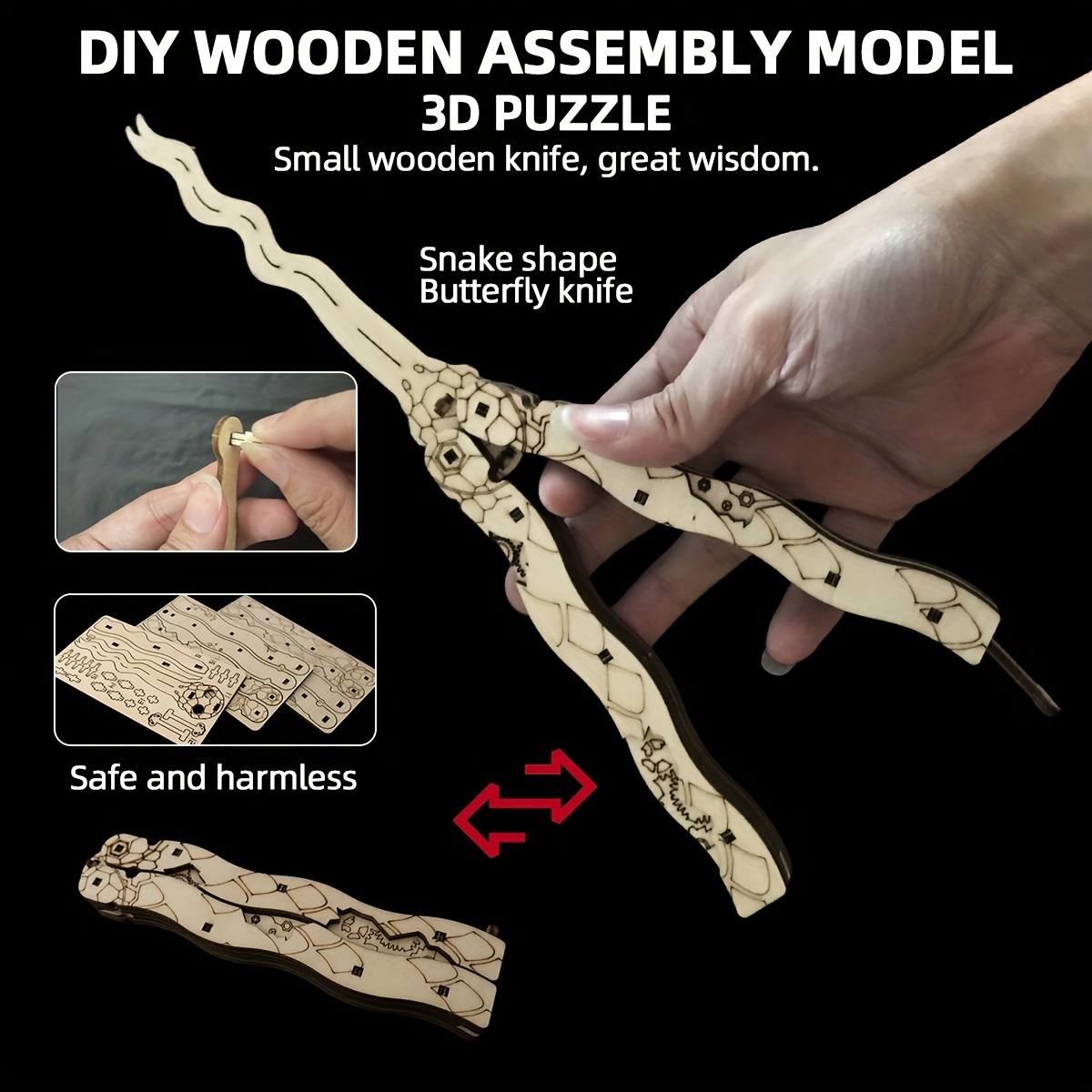 Wooden 3d Puzzle Butterfly Knife Folding Knife 3d Three - Temu