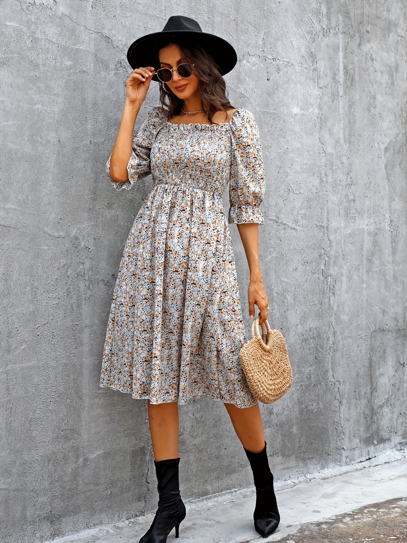 Floral Print Puff Sleeve Shirred Dress Resort Wear Square - Temu Canada