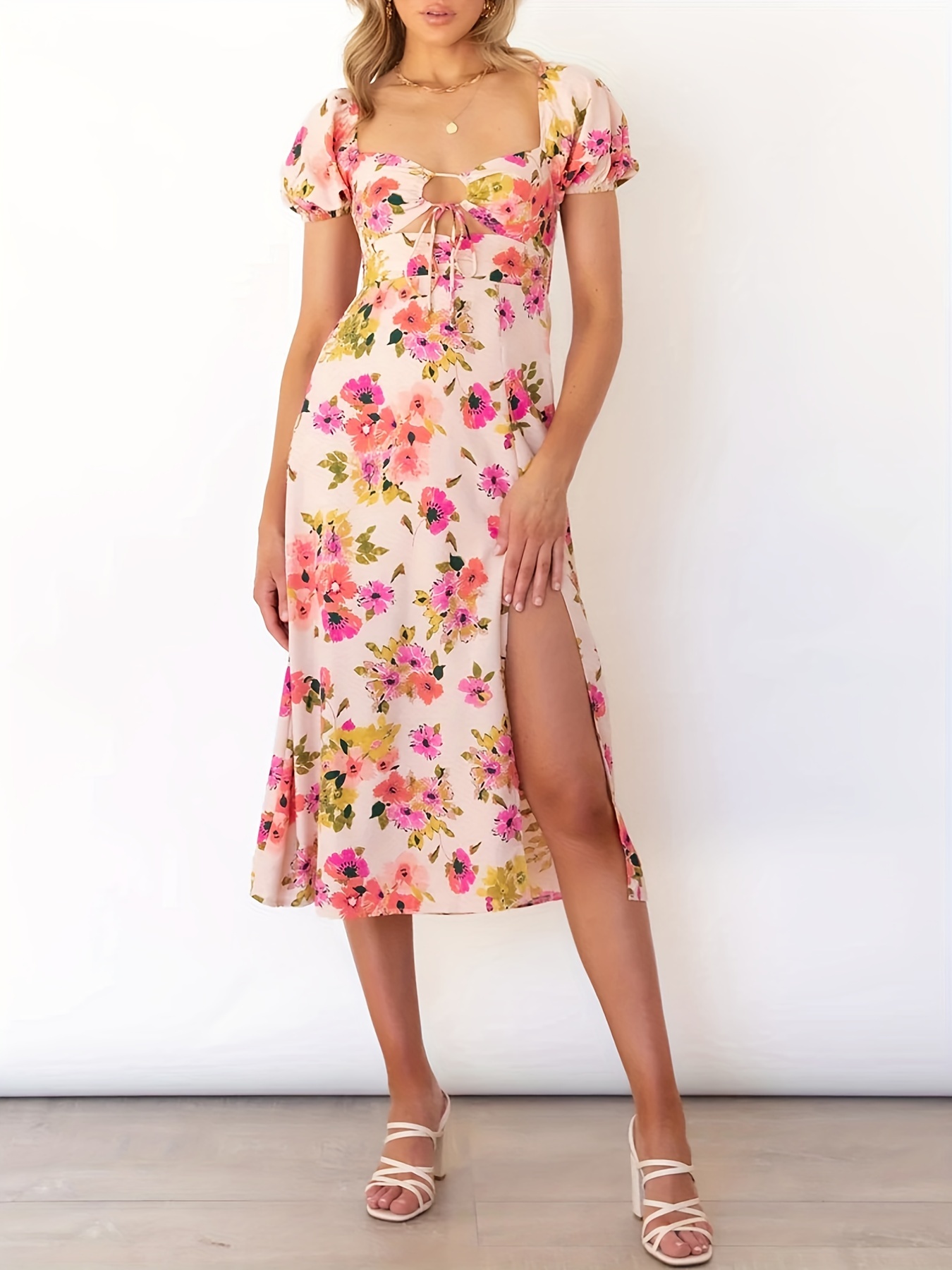 Floral Blended Sweetheart Neck Women's Mini Dress