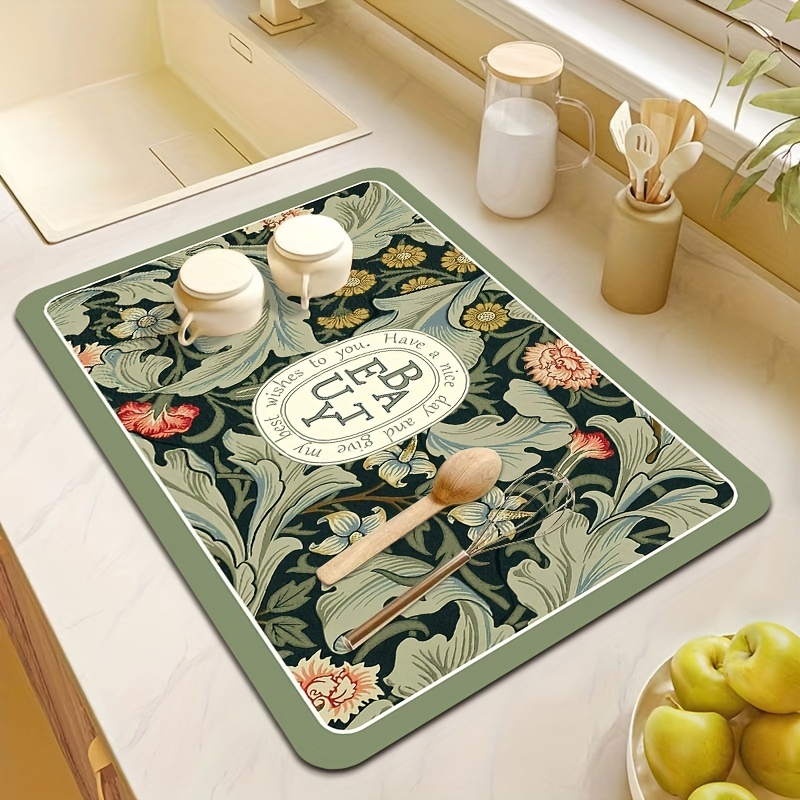 Kitchen Absorbent Drain Pad Dish Drying Mat Cloth Tableware Draining Pad  Printed Dinnerware Cup Bottle Rug