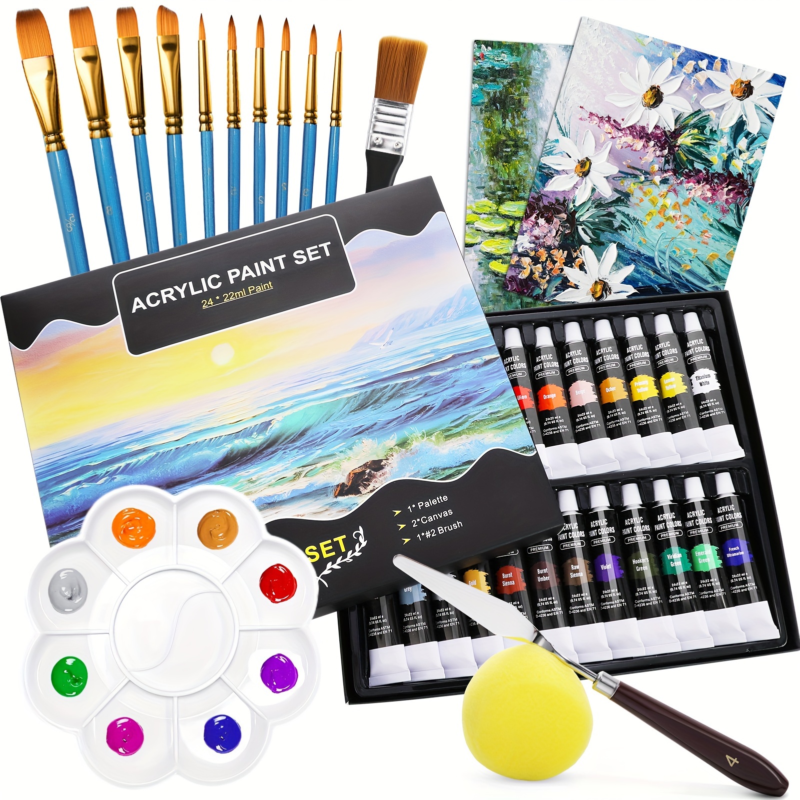 Professional Acrylic Paint Set For Artists, Beginners,12x 35ML/1.18oz  Acrylic Paint Set With 10 Paint Brushes And 1 Color Palette,Painting Art  Supplie