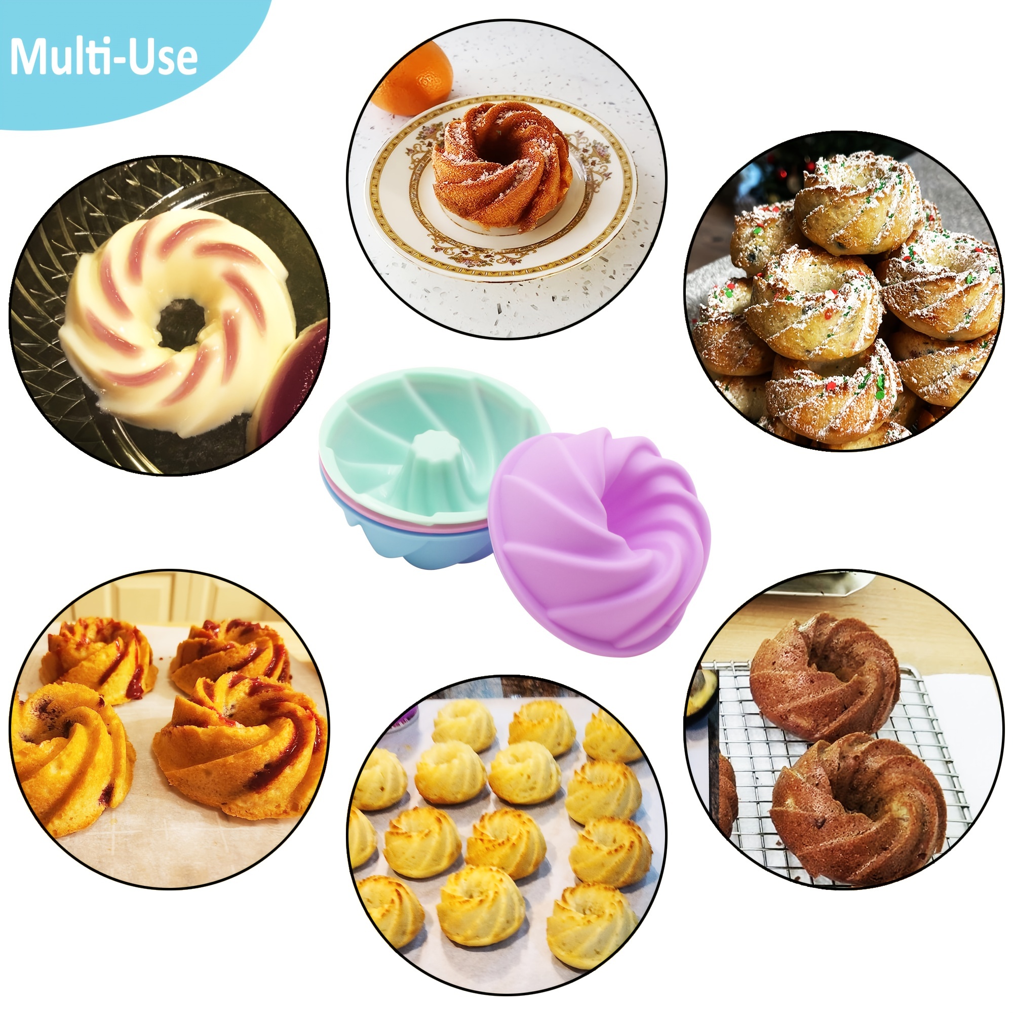 HUAKENER 2 Pcs Mini Bundt Cake Pan, 6-Cavity Fluted Tube Cake Pan,  Non-stick Silicone Baking Mold for Cupcakes, Donuts, Cornbread, Brownies,  Jellies