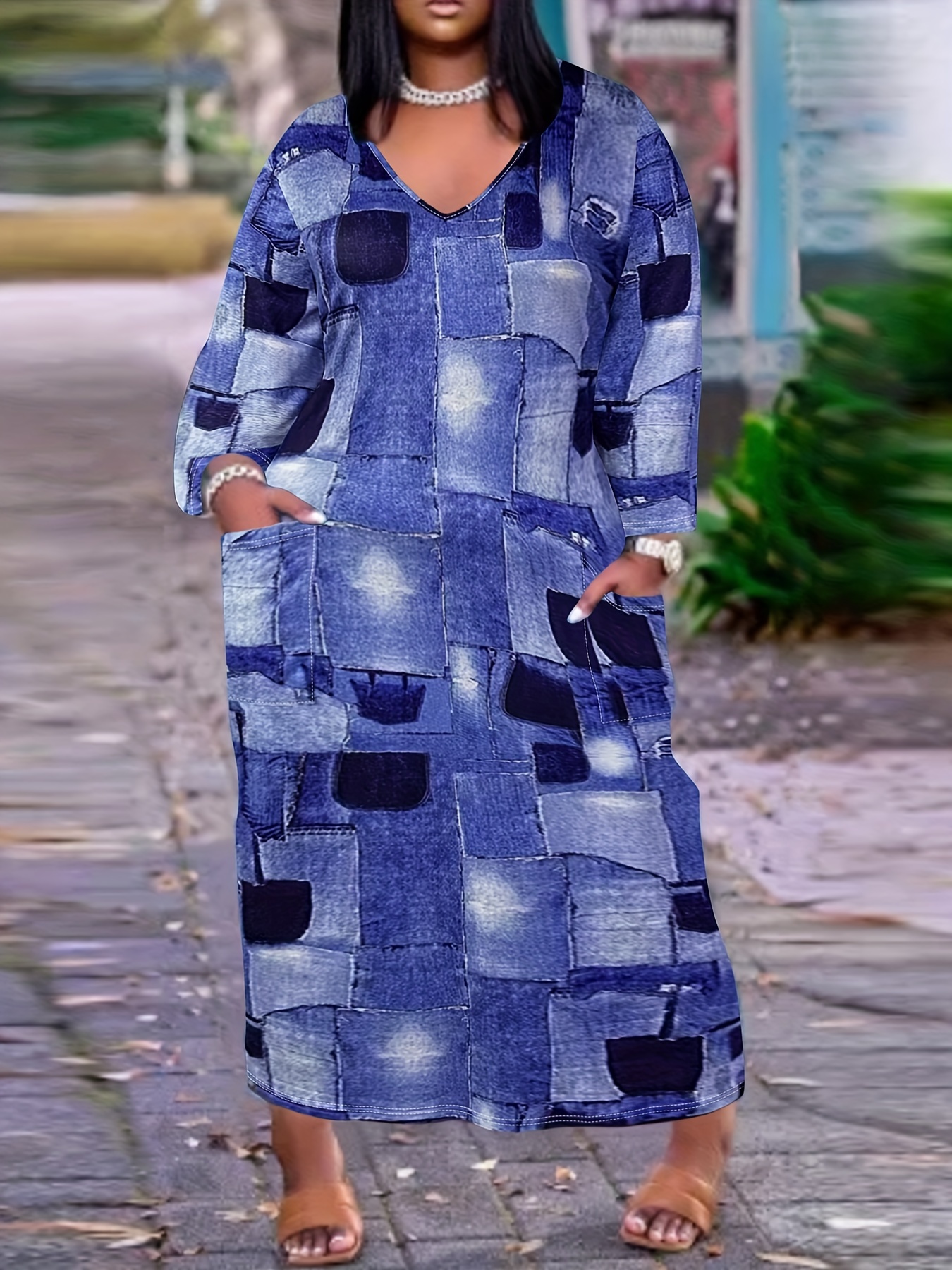  XXYT Plus Size 5XL Summer Denim Dress for Women Half Sleeve  Denim V-Neck Loose Maxi Dress Streetwear Midi Denim Dress,Dark Blue,M :  Clothing, Shoes & Jewelry