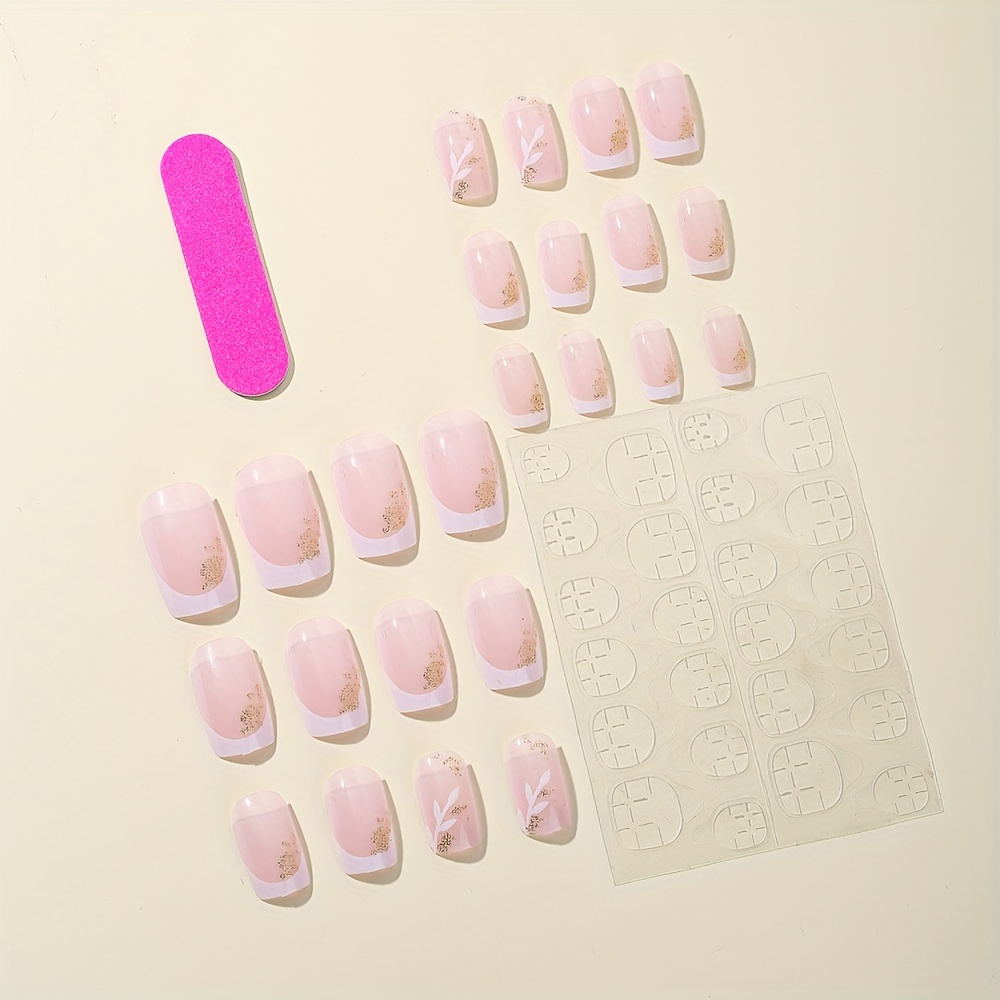 24pcs Pink Flower Square Press On Nails Glitter Sequins False Nails for Women