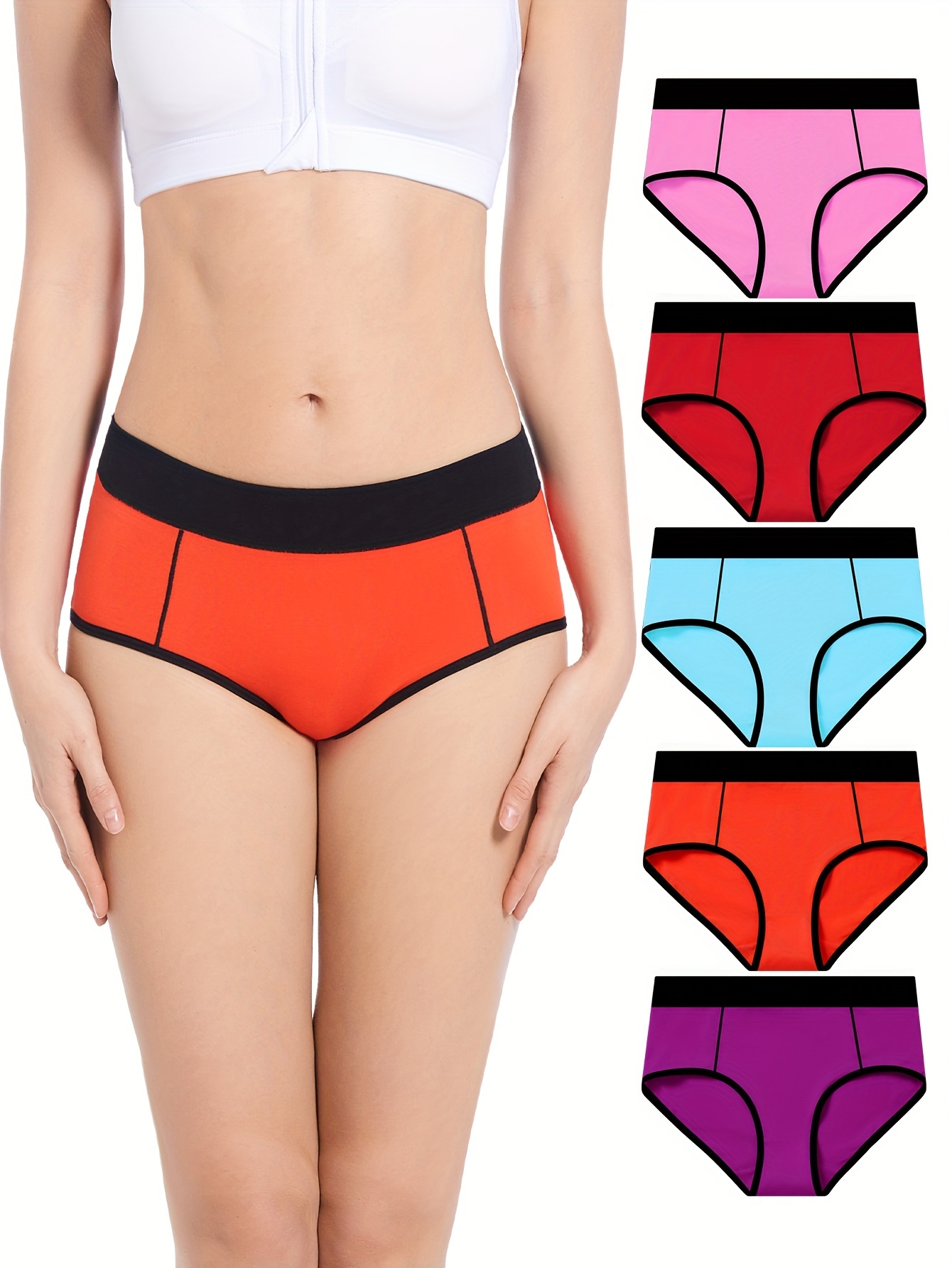 5pcs Colorblock Trim Briefs, Comfy & Breathable Stretchy Intimates Panties,  Women's Lingerie & Underwear