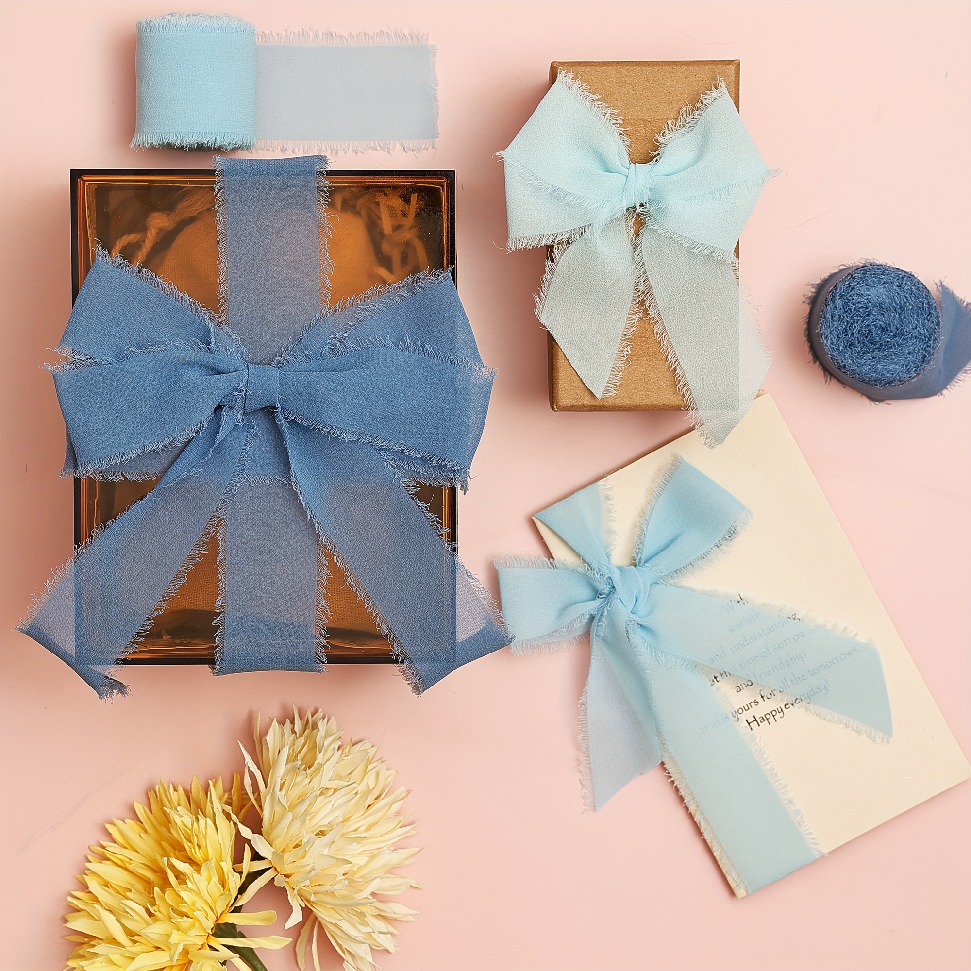 Chiffon Silk Ribbon for Gift Wrapping, Frayed Boho Ribbon for Wedding  Invitation Bridal Bouquet, 3 Rolls 1.5 Inch 7 Yards Dusty Navy Blue Ribbon